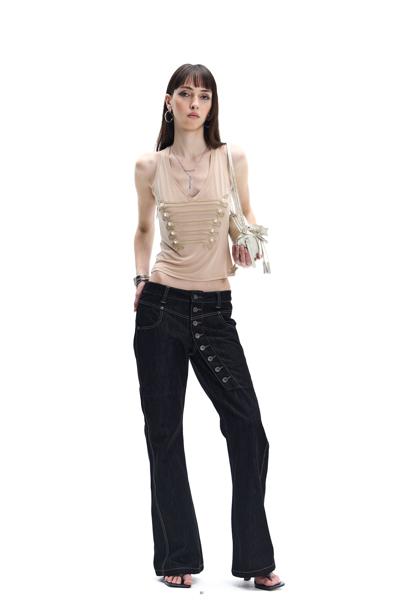 FAYCHUI Military Braid Pearl Tank Top
