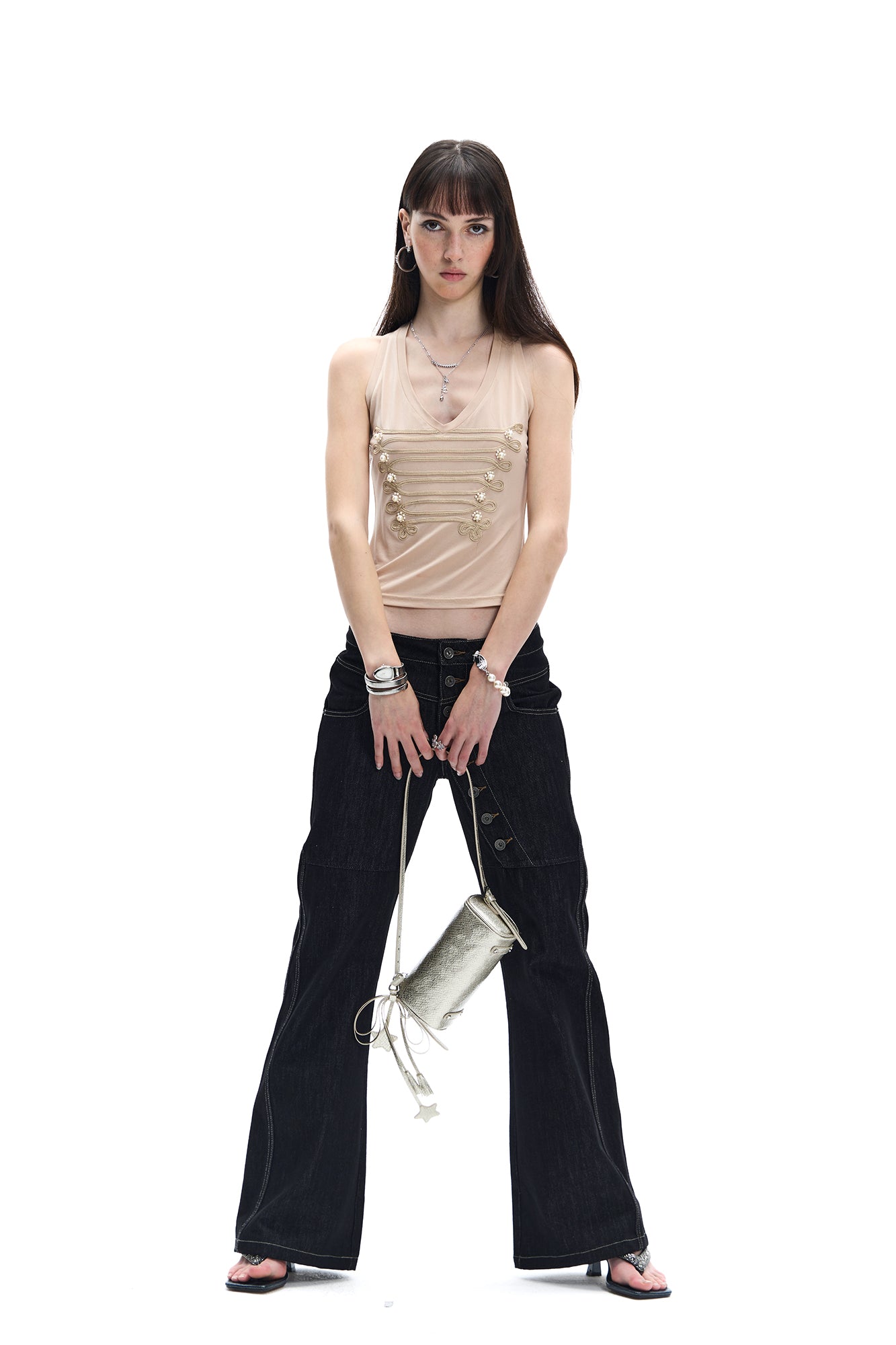 FAYCHUI Military Braid Pearl Tank Top