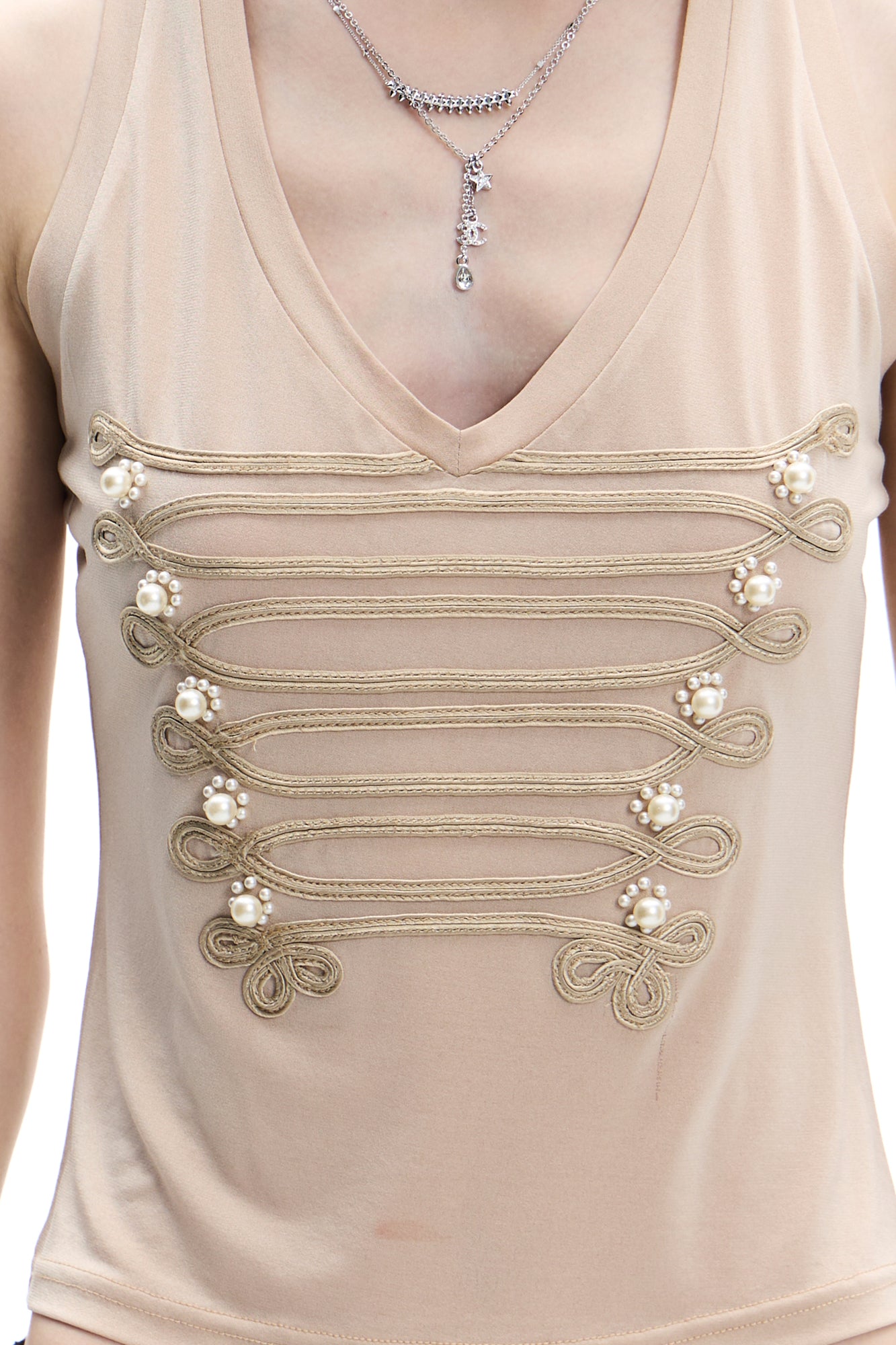 FAYCHUI Military Braid Pearl Tank Top