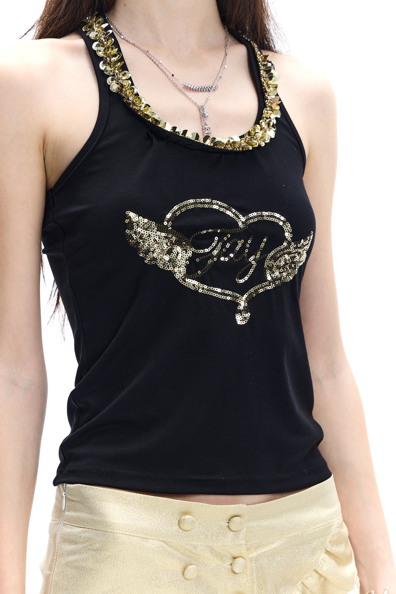 FAYCHUI Sequin Wing Halter Tank Top