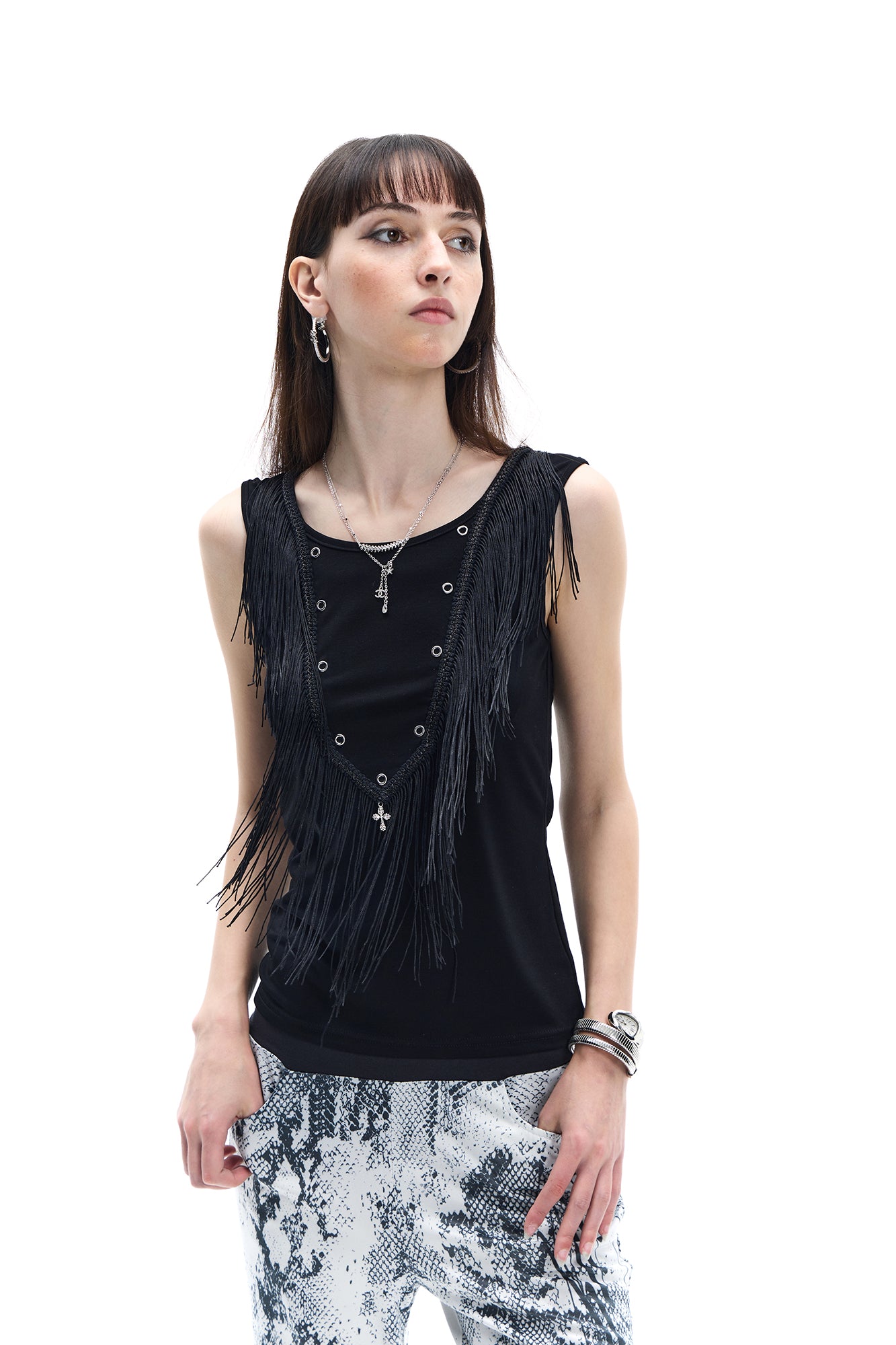 FAYCHUI Fringe Grommet Wool-Blend Tank Top