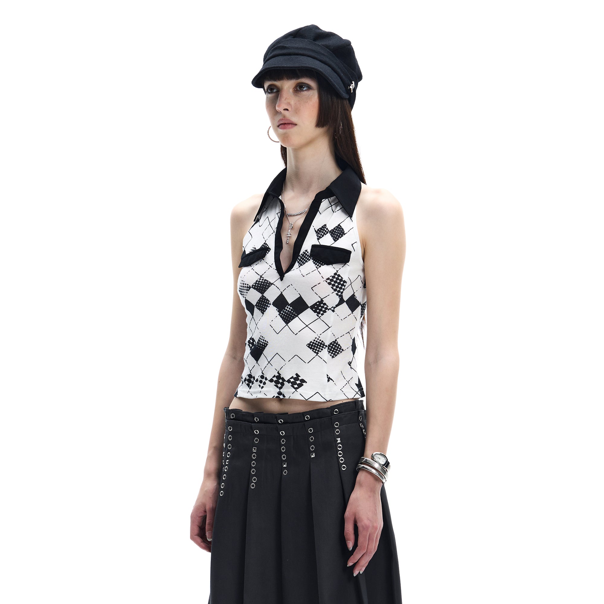 FAYCHUI Argyle Collared Halter Top