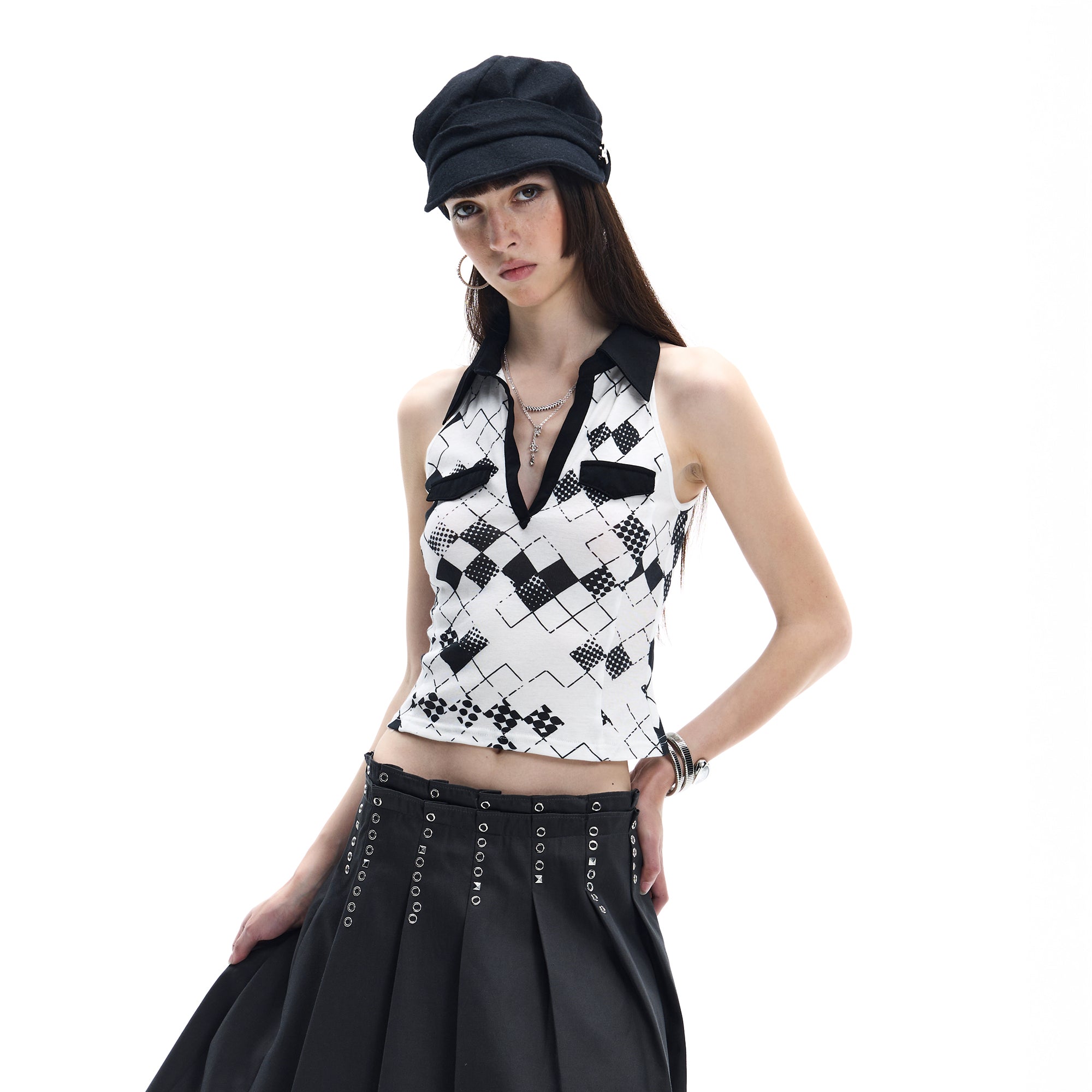 FAYCHUI Argyle Collared Halter Top