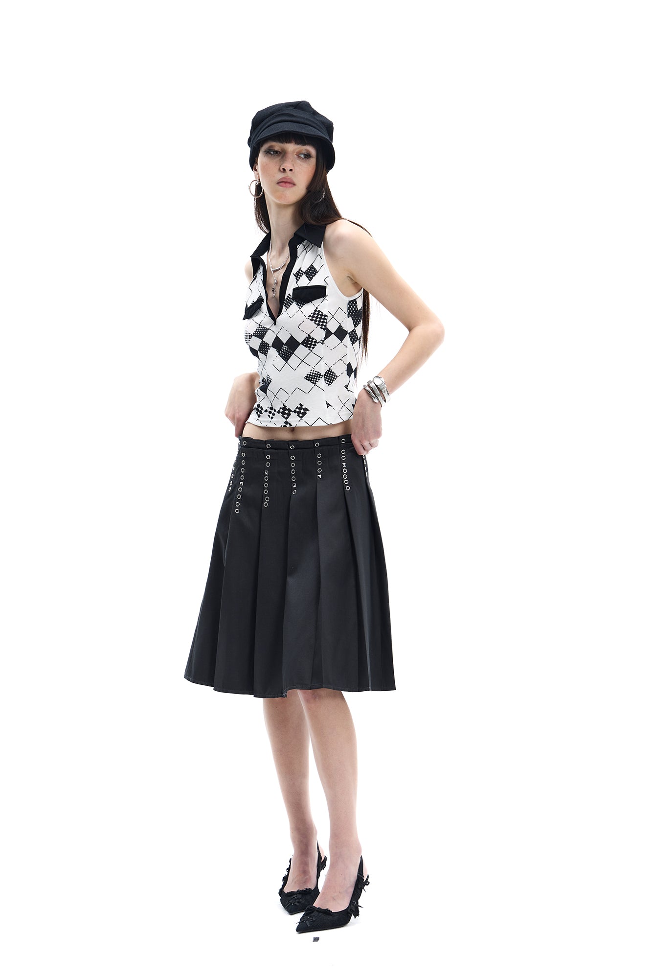 FAYCHUI Grommet Double-Waist Pleated Midi Skirt