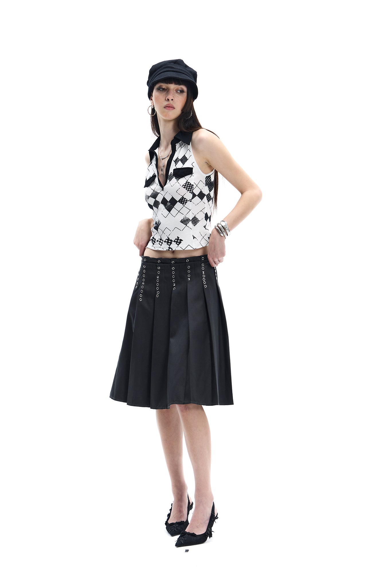 FAYCHUI Argyle Collared Halter Top