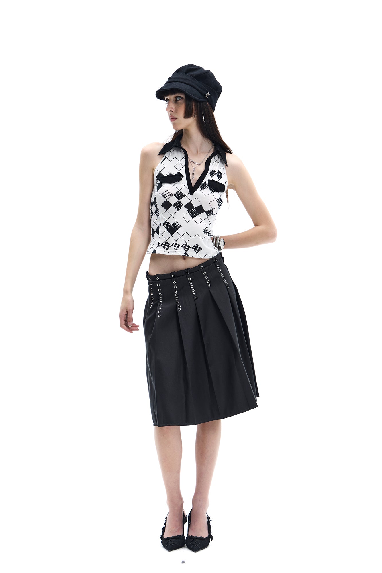 FAYCHUI Argyle Collared Halter Top