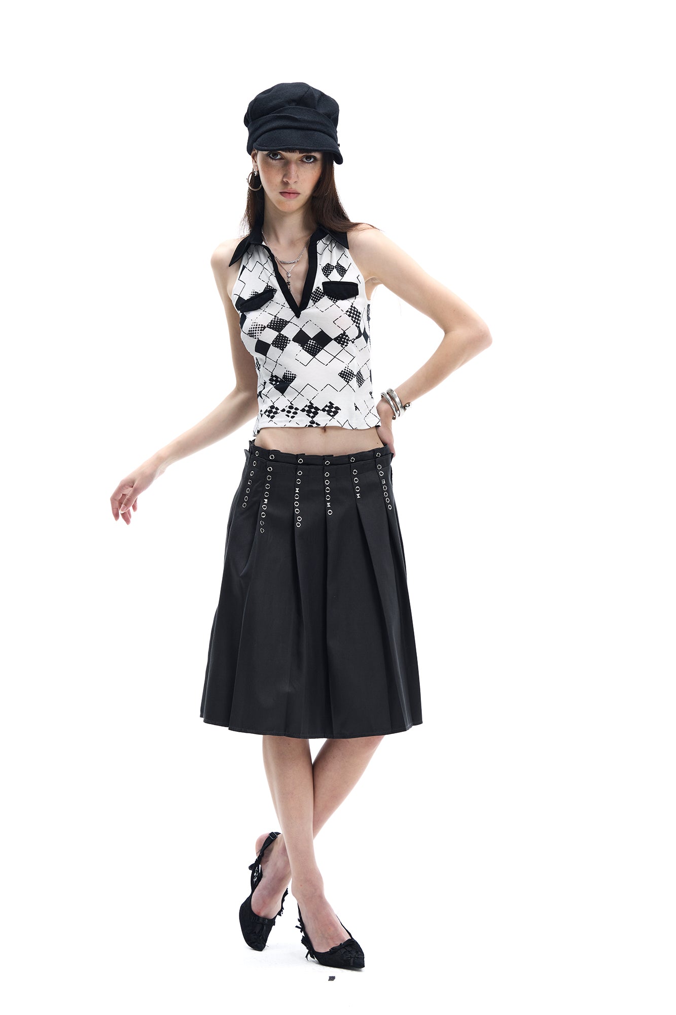FAYCHUI Grommet Double-Waist Pleated Midi Skirt