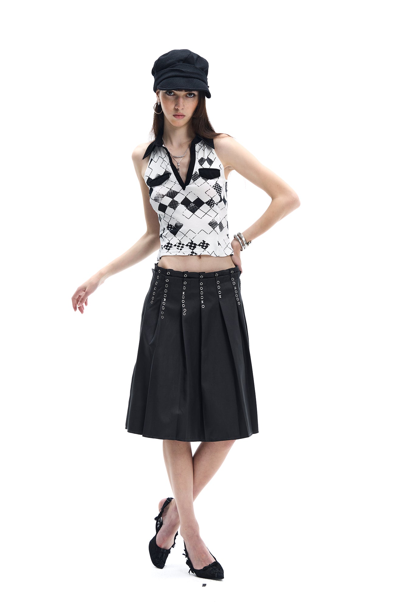 FAYCHUI Argyle Collared Halter Top