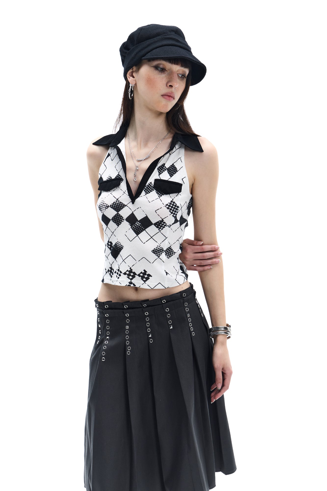 FAYCHUI Argyle Collared Halter Top