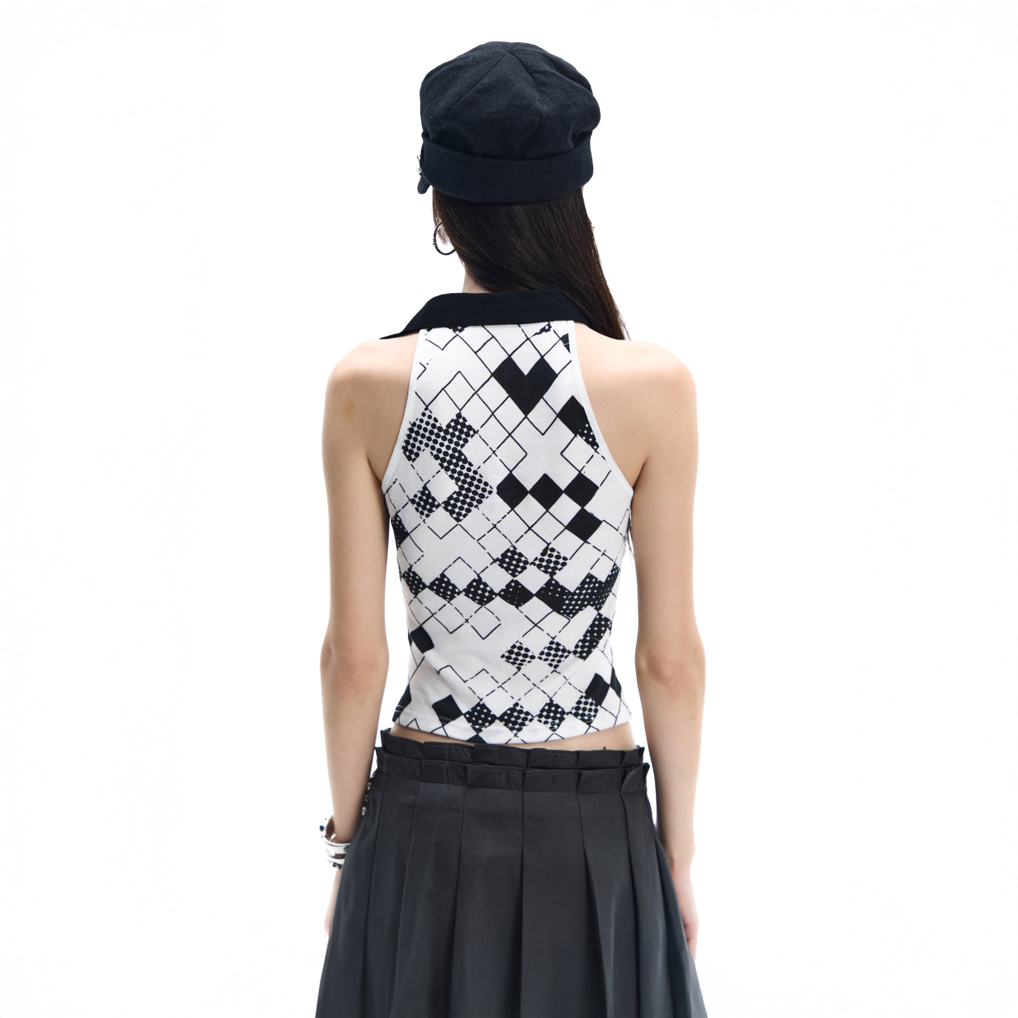 FAYCHUI Argyle Collared Halter Top