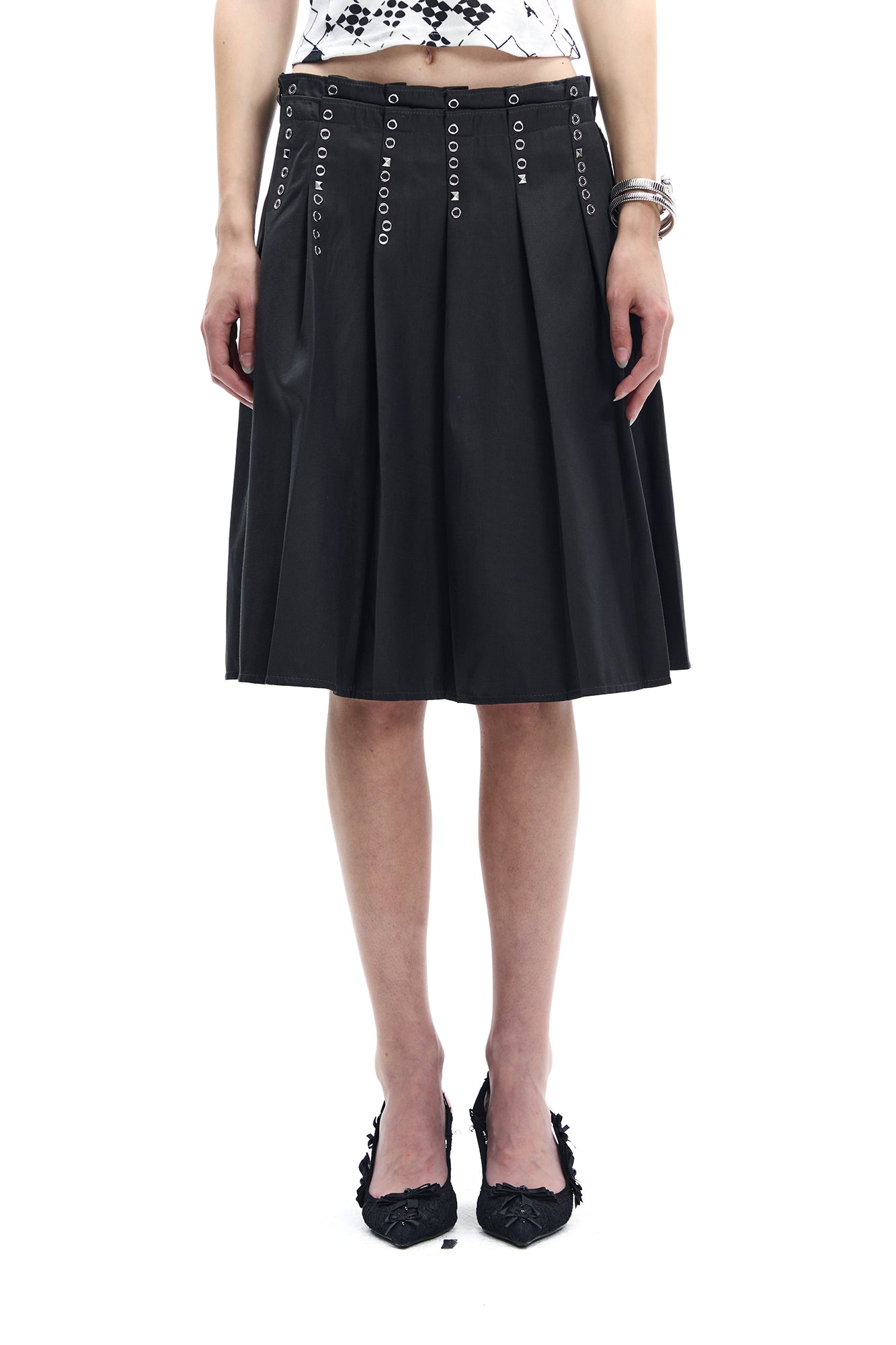 FAYCHUI Grommet Double-Waist Pleated Midi Skirt