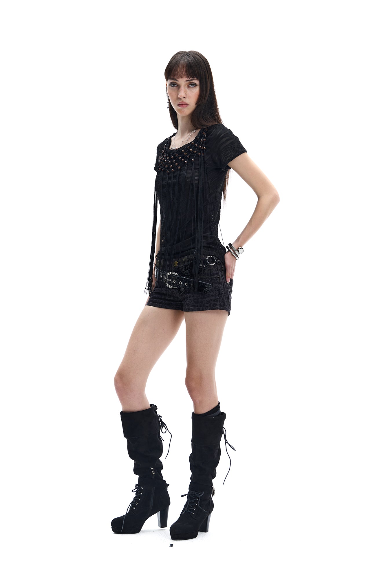 FAYCHUI Beaded Fringe Open-Back T-Shirt
