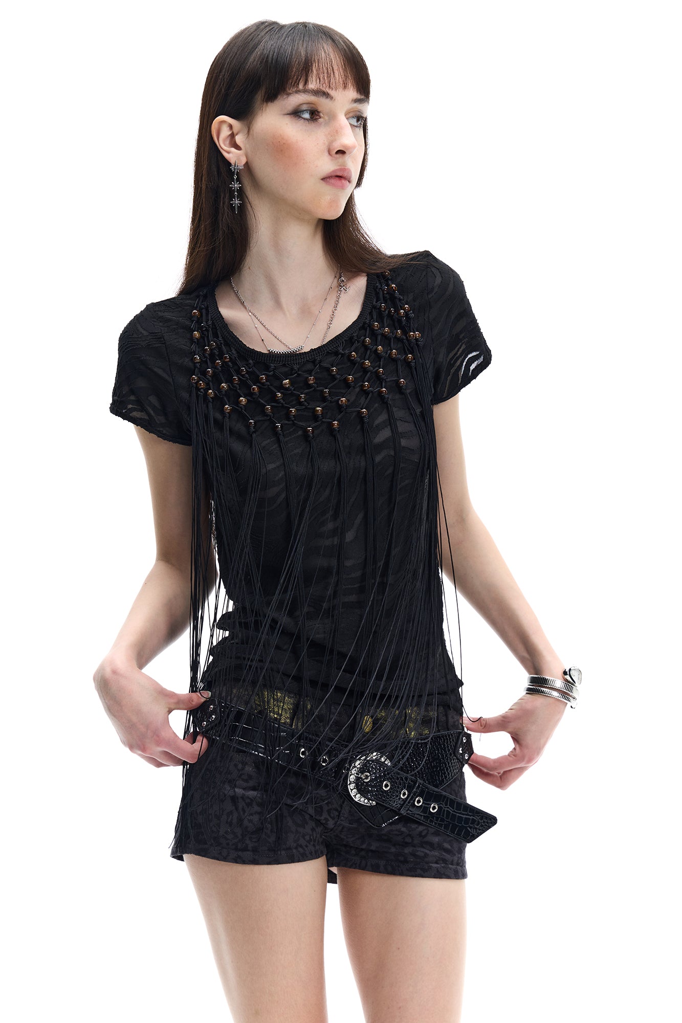 FAYCHUI Beaded Fringe Open-Back T-Shirt