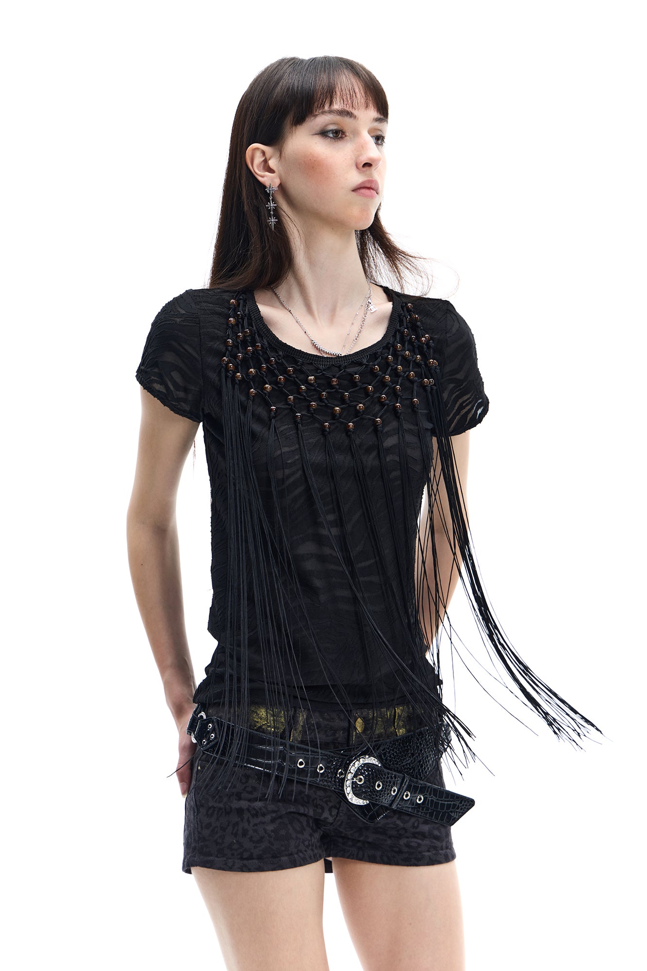 FAYCHUI Beaded Fringe Open-Back T-Shirt