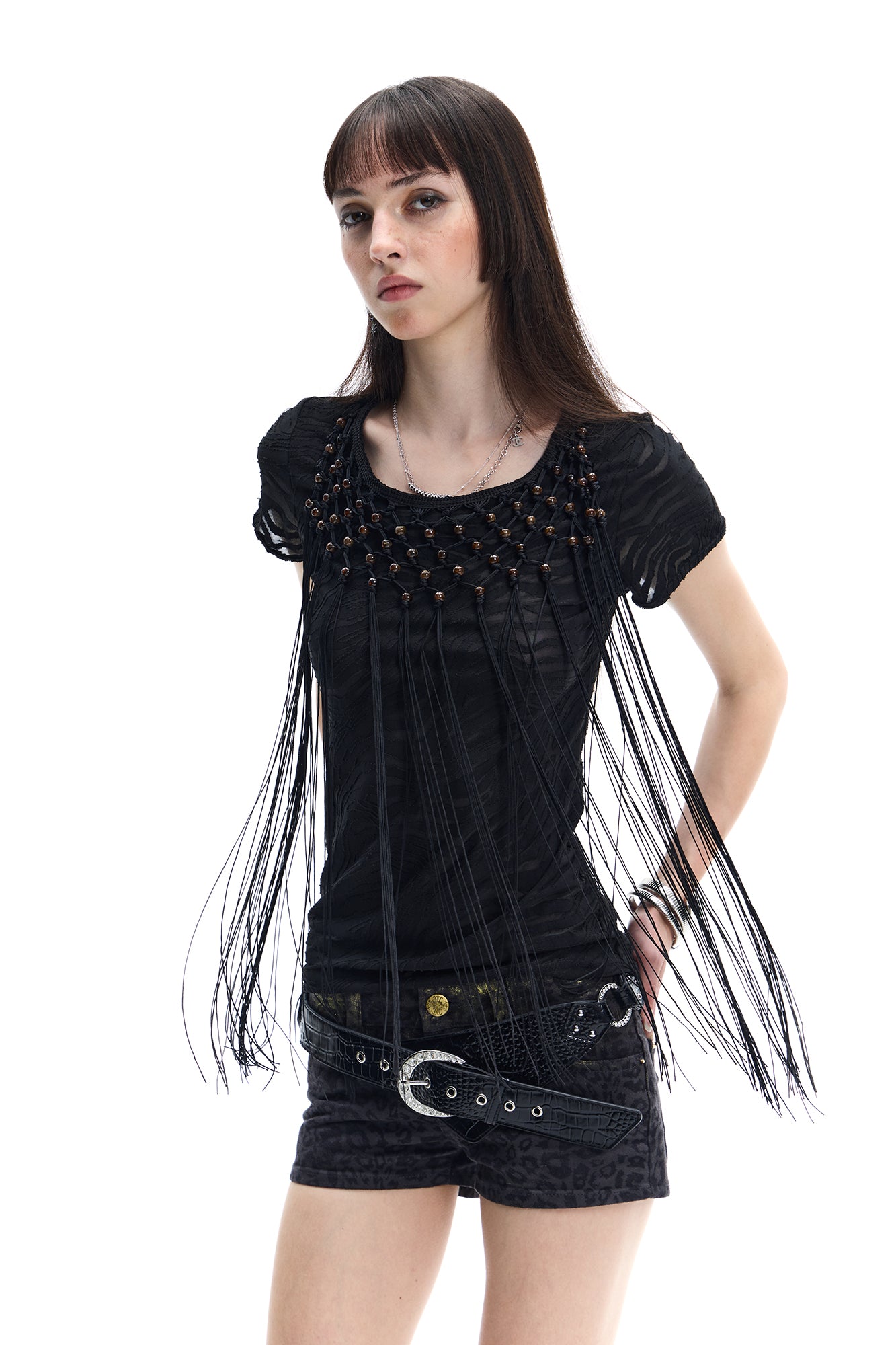 FAYCHUI Beaded Fringe Open-Back T-Shirt