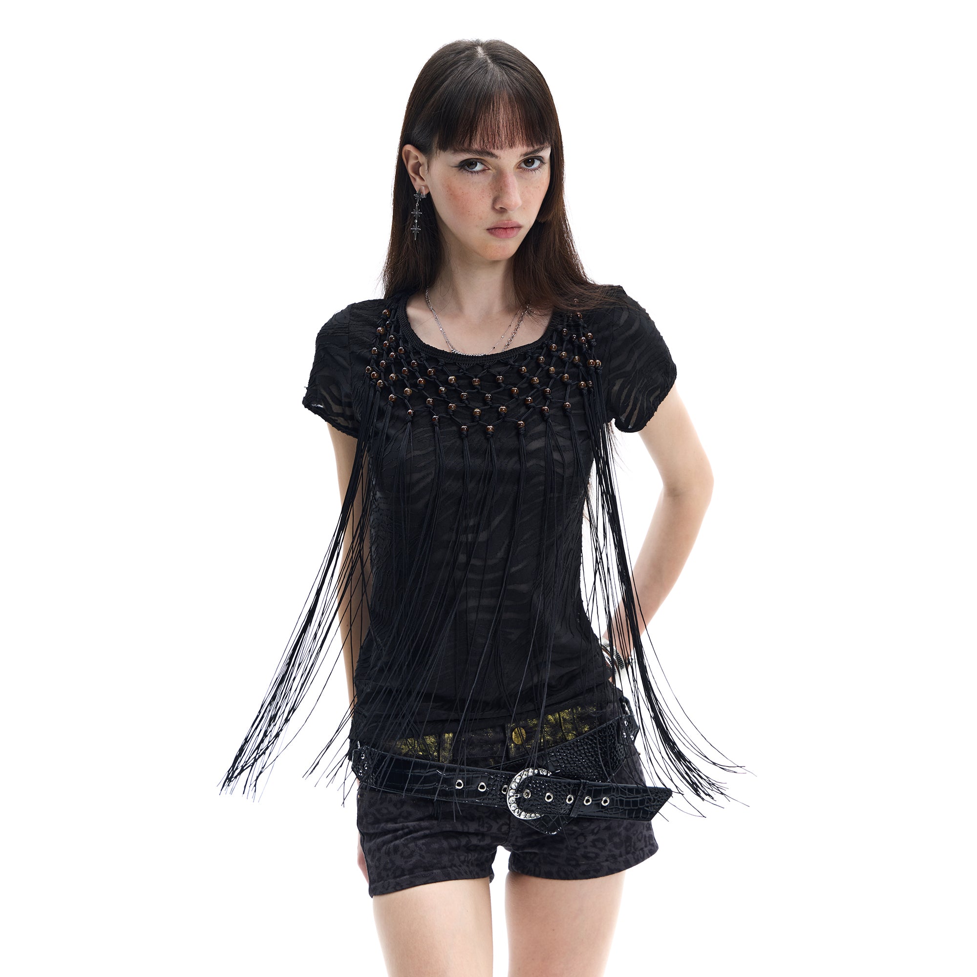 FAYCHUI Beaded Fringe Open-Back T-Shirt