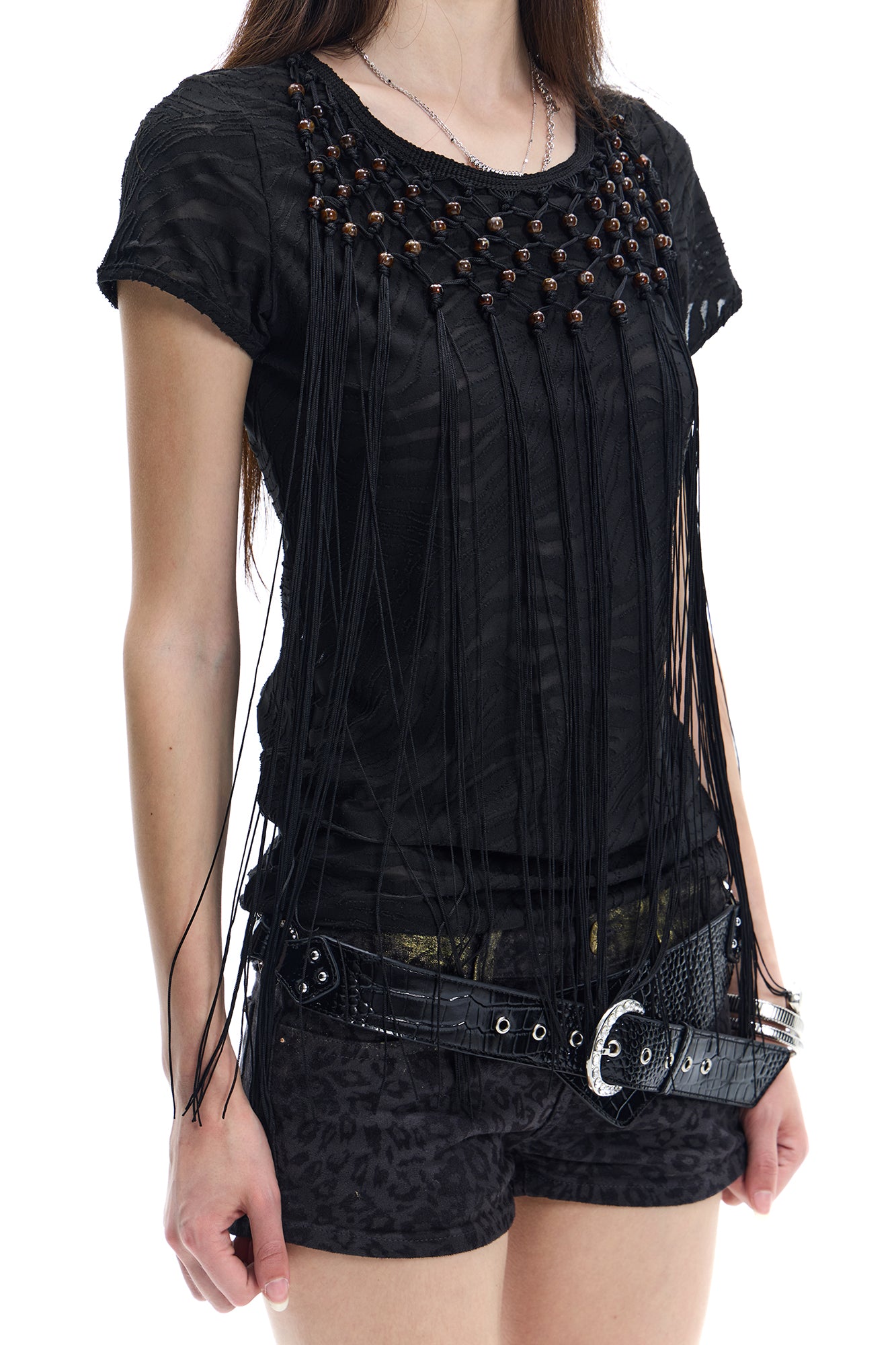 FAYCHUI Beaded Fringe Open-Back T-Shirt