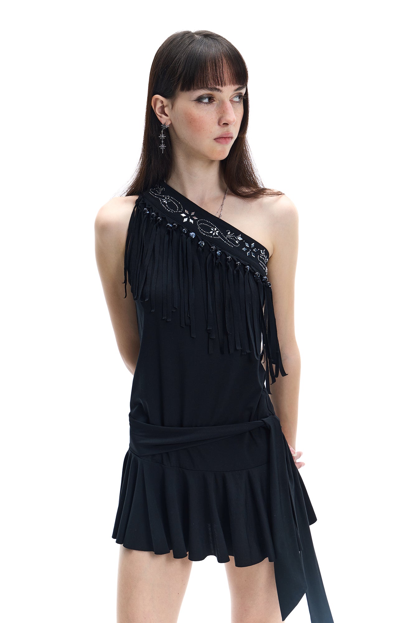 FAYCHUI One-Shoulder Fringe Beaded Mini Dress