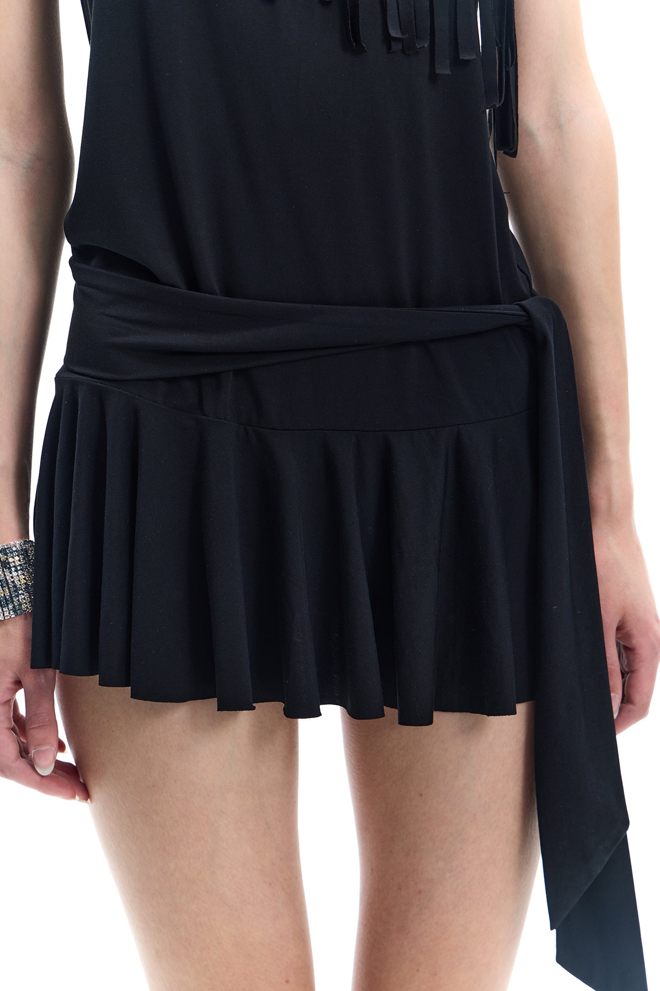 FAYCHUI One-Shoulder Fringe Beaded Mini Dress