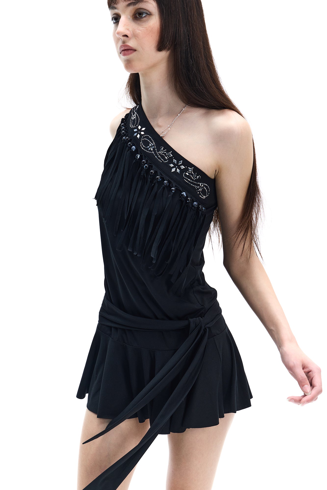 FAYCHUI One-Shoulder Fringe Beaded Mini Dress