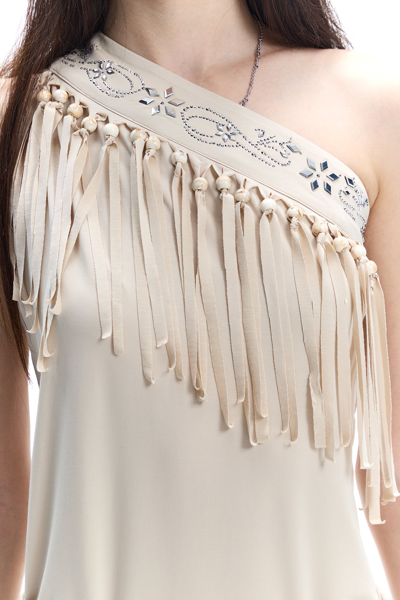FAYCHUI One-Shoulder Fringe Beaded Mini Dress