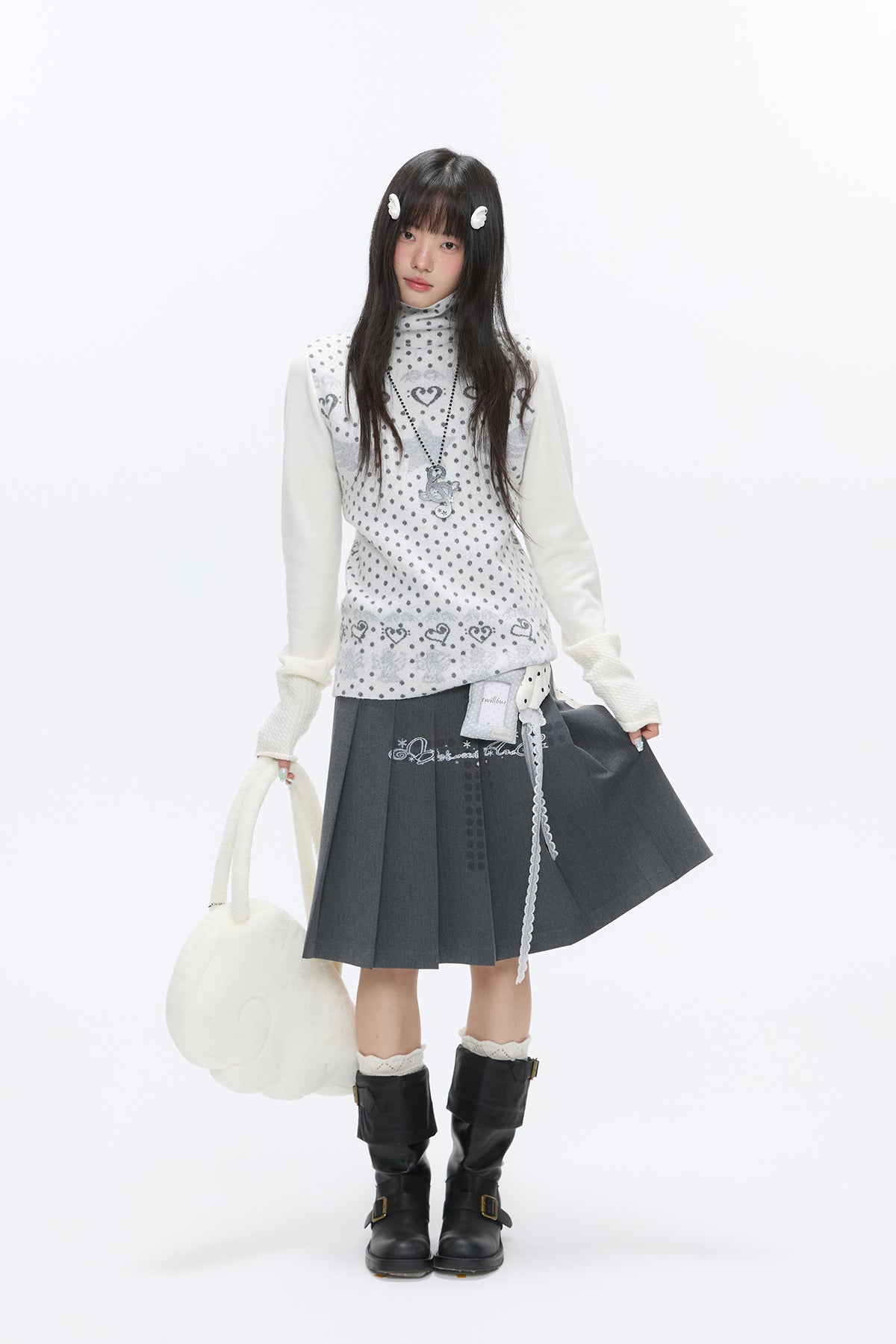 BETWEENAND Reversible Spliced Polka-Dot Pleated Skirt