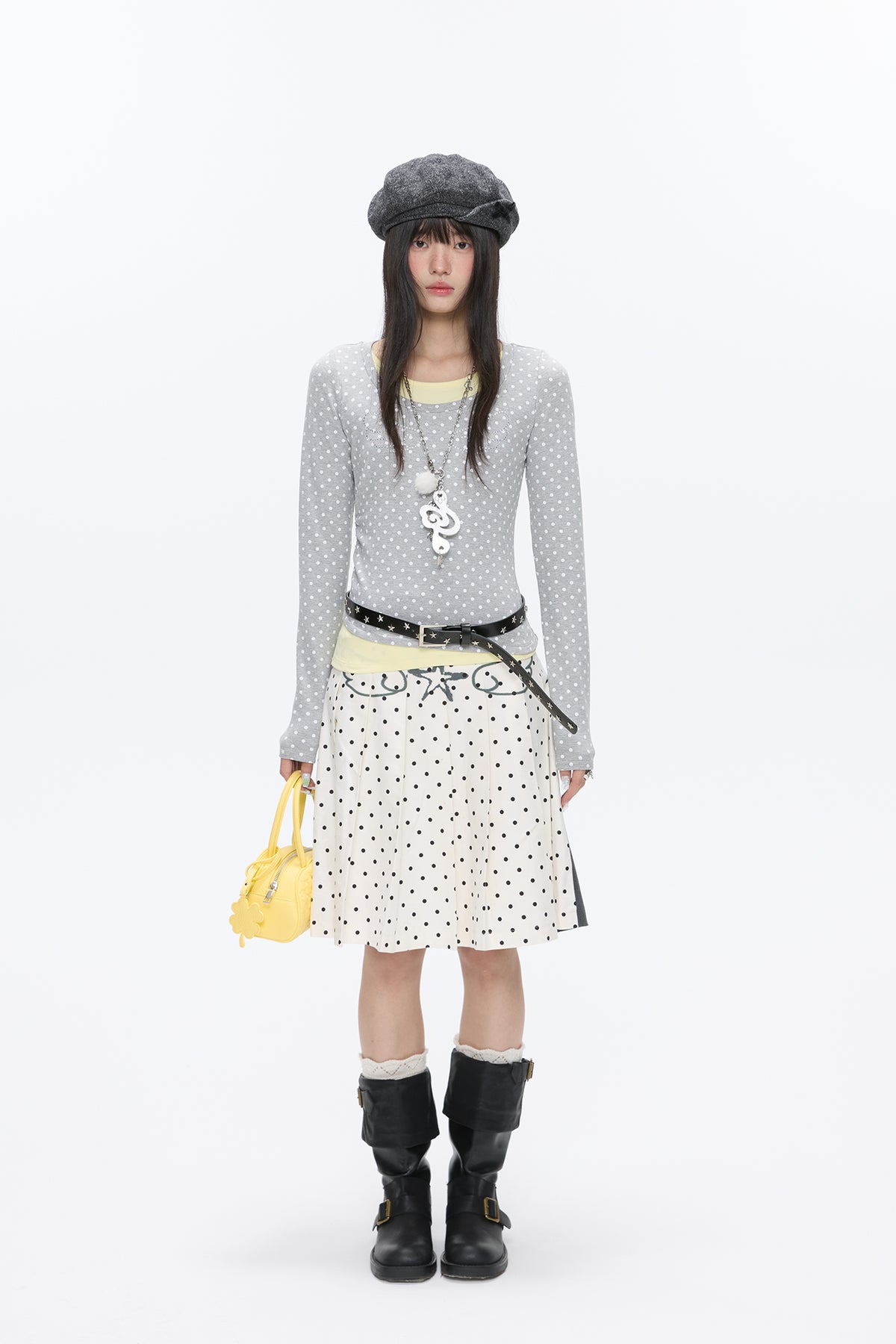 BETWEENAND Reversible Spliced Polka-Dot Pleated Skirt