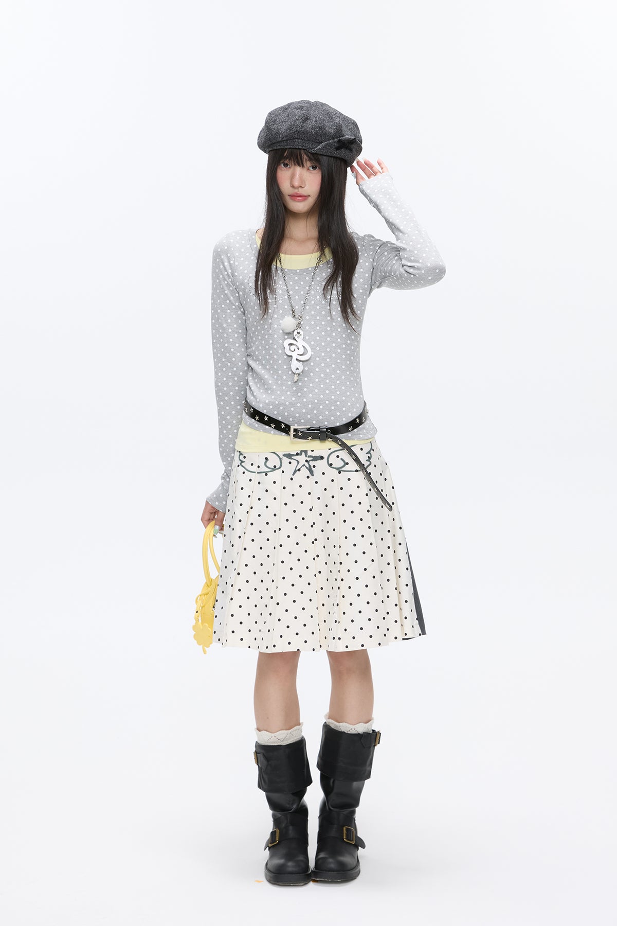 BETWEENAND Reversible Spliced Polka-Dot Pleated Skirt