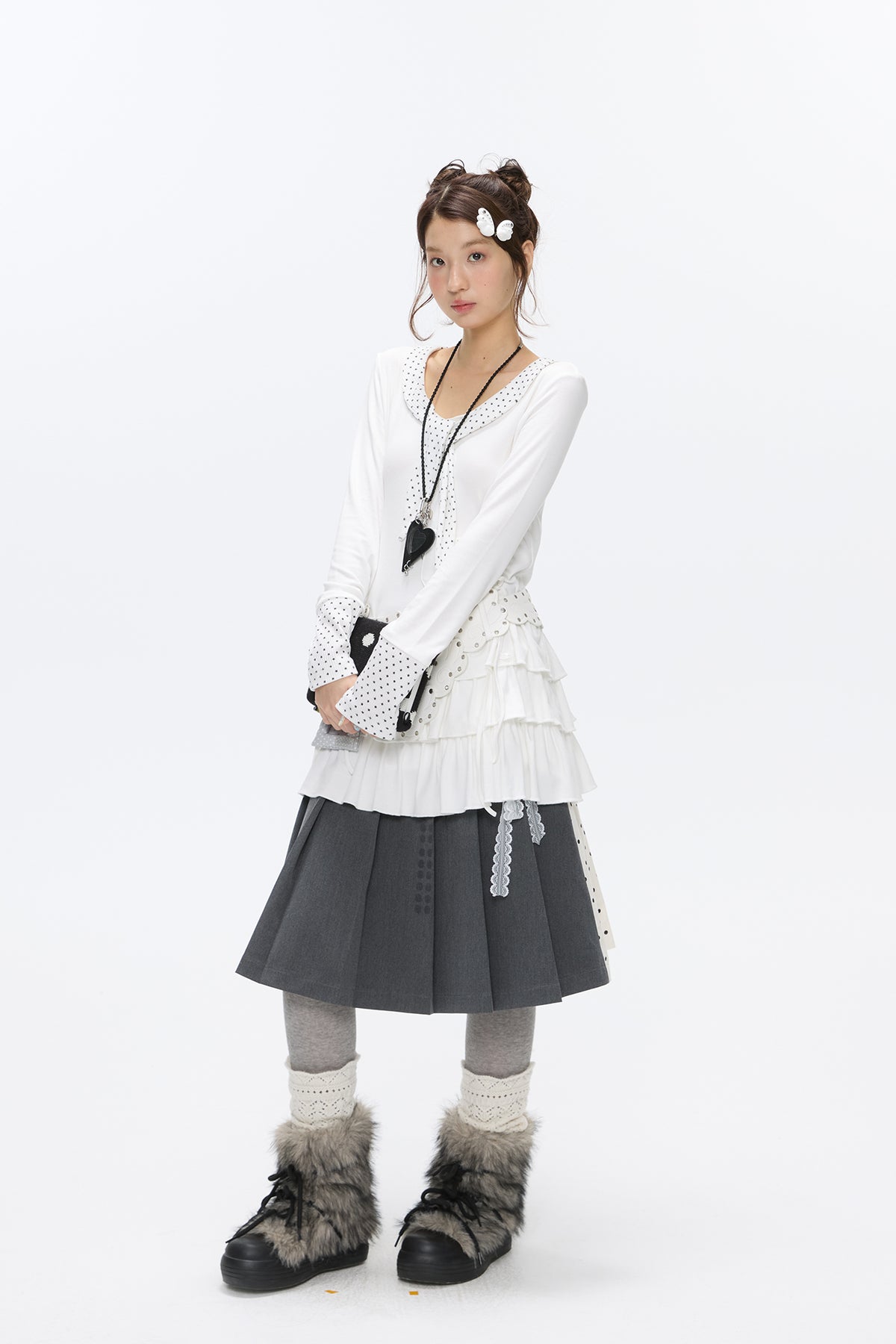 BETWEENAND Reversible Spliced Polka-Dot Pleated Skirt