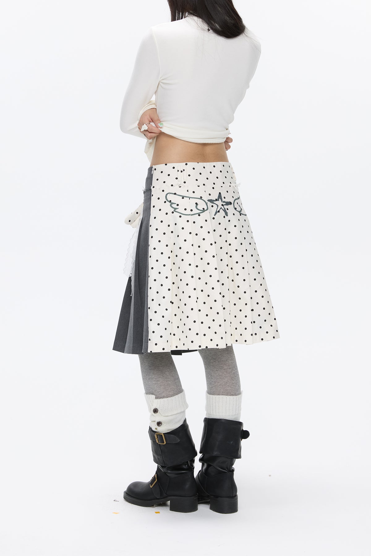 BETWEENAND Reversible Spliced Polka-Dot Pleated Skirt