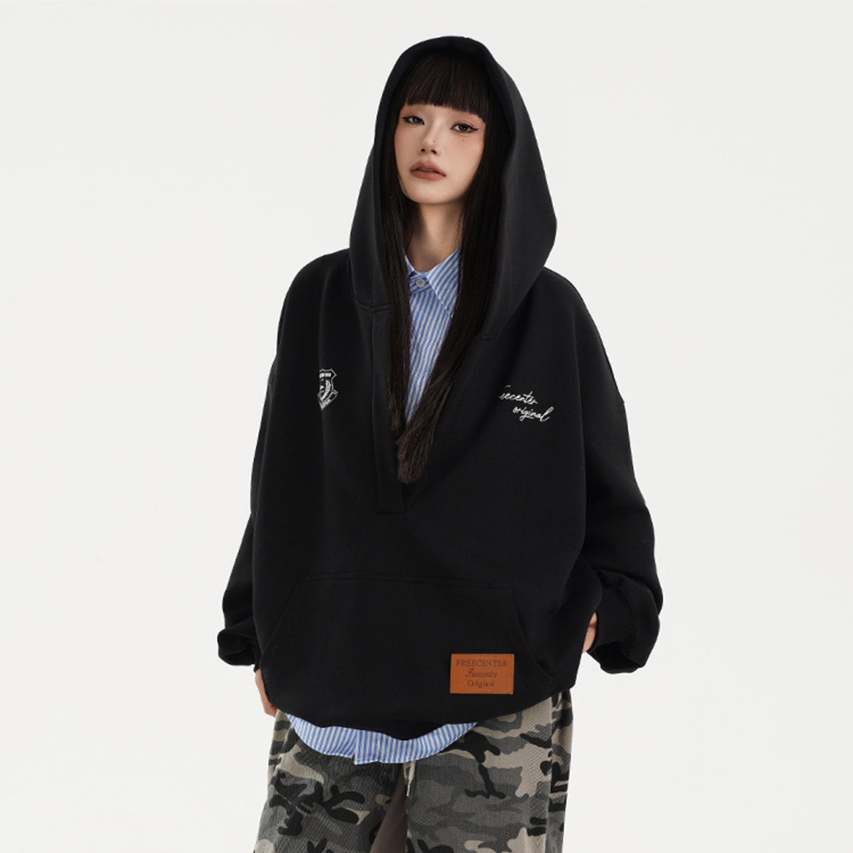 FREE CENTER Deep V-Neck Oversized Hoodie