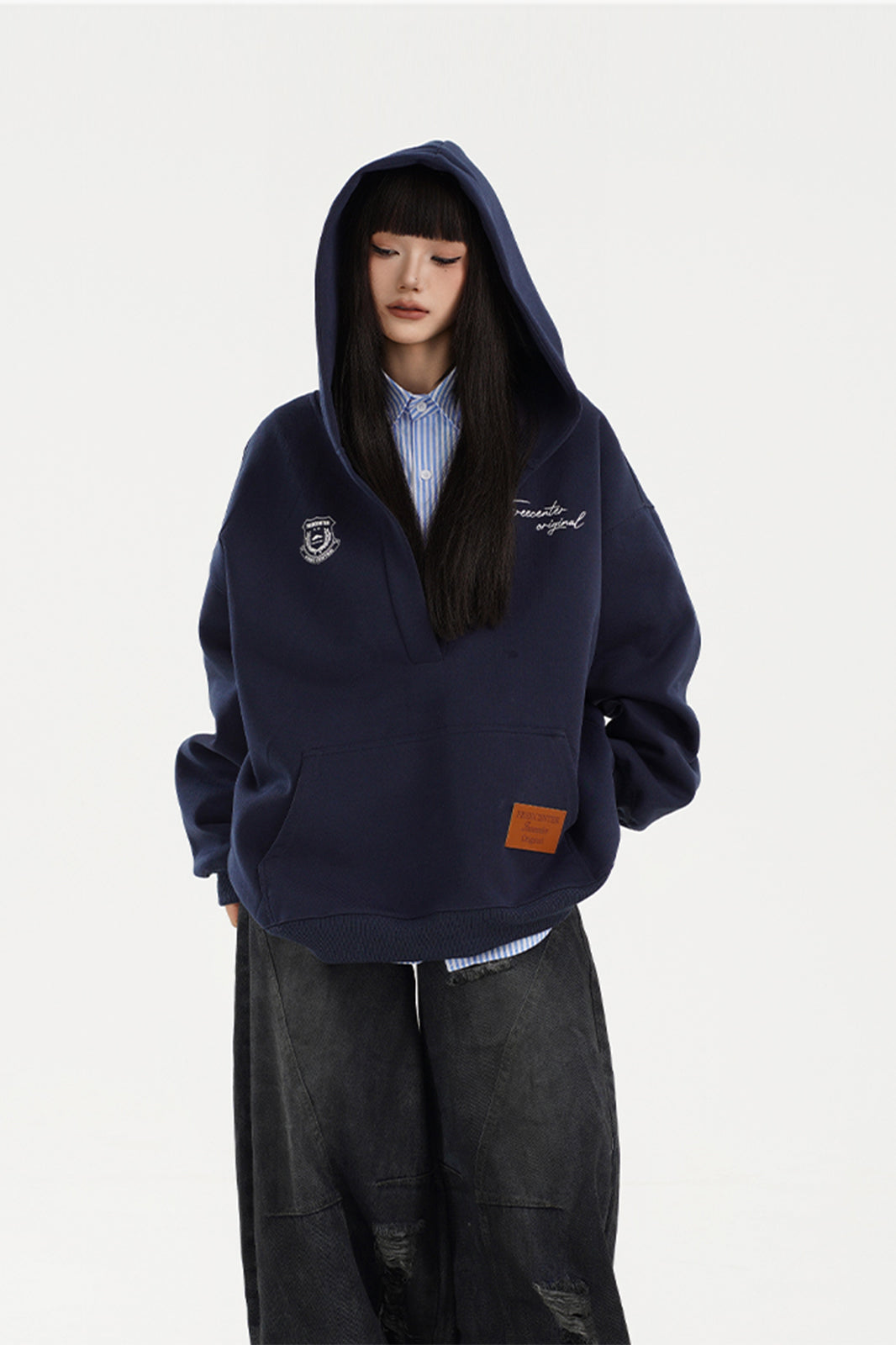 FREE CENTER Deep V-Neck Oversized Hoodie
