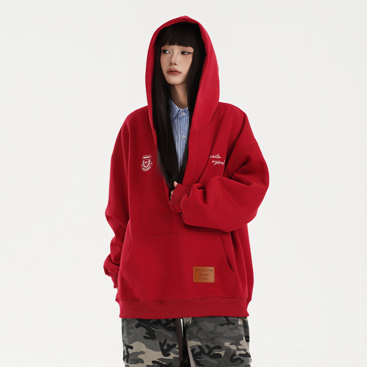 FREE CENTER Deep V-Neck Oversized Hoodie