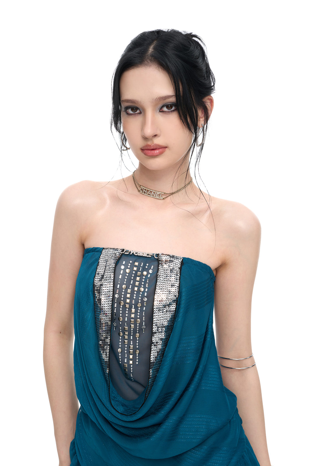 JYOSEI Diamond Embellished Cowl-Neck Mini Dress