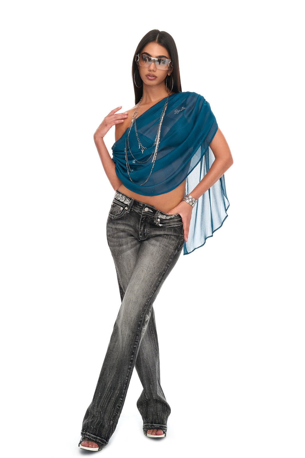 JYOSEI Ruched Off-Shoulder Diamond Tank Top