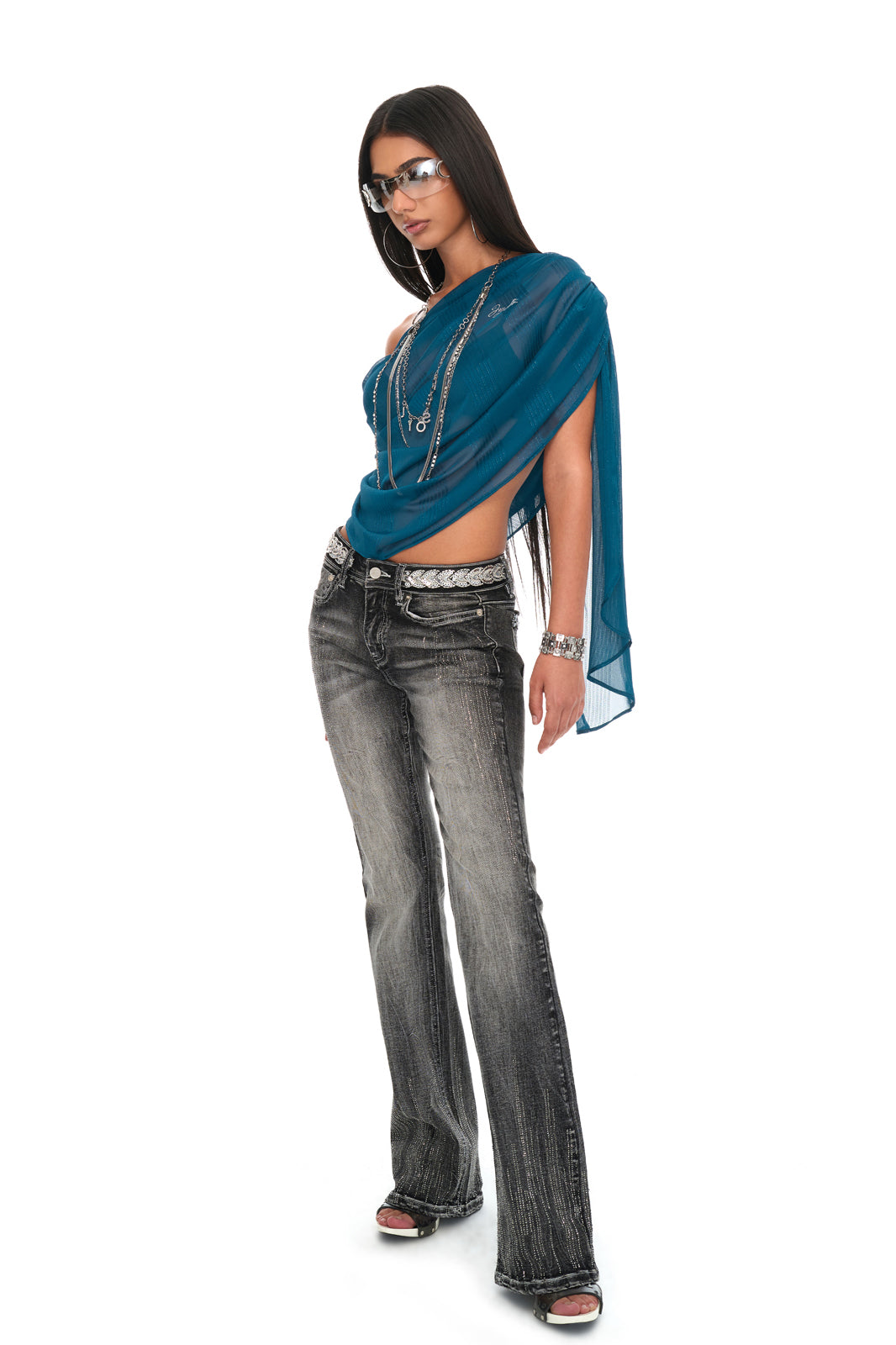 JYOSEI Ruched Off-Shoulder Diamond Tank Top