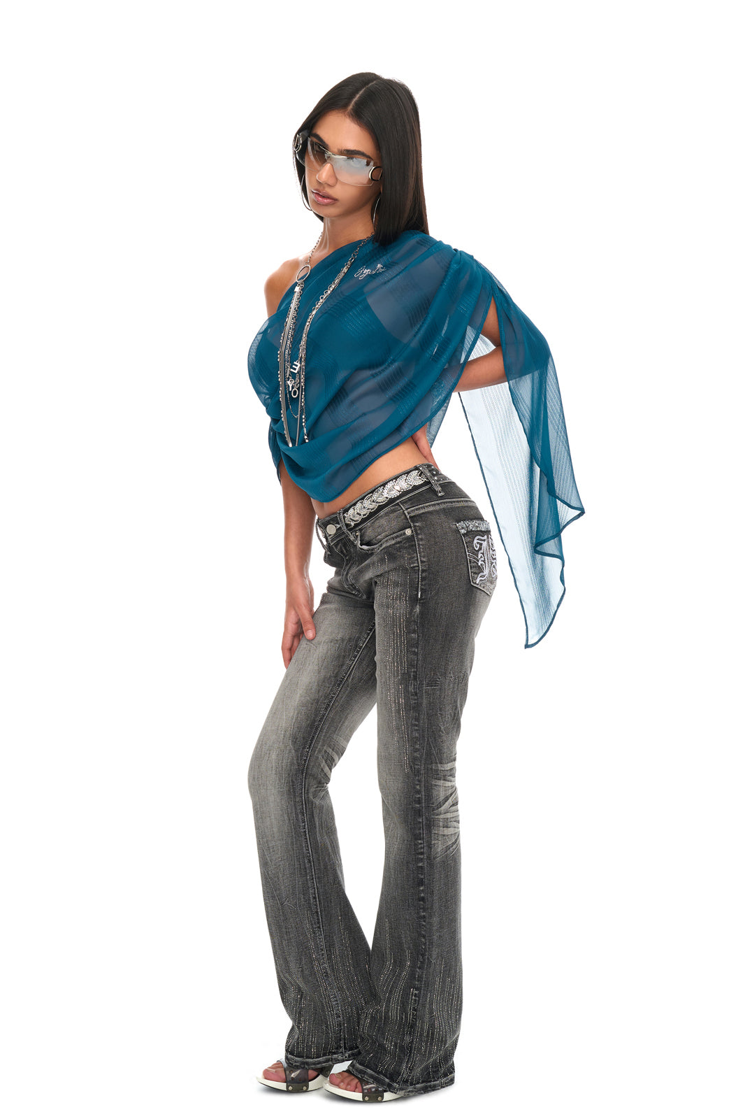 JYOSEI Ruched Off-Shoulder Diamond Tank Top