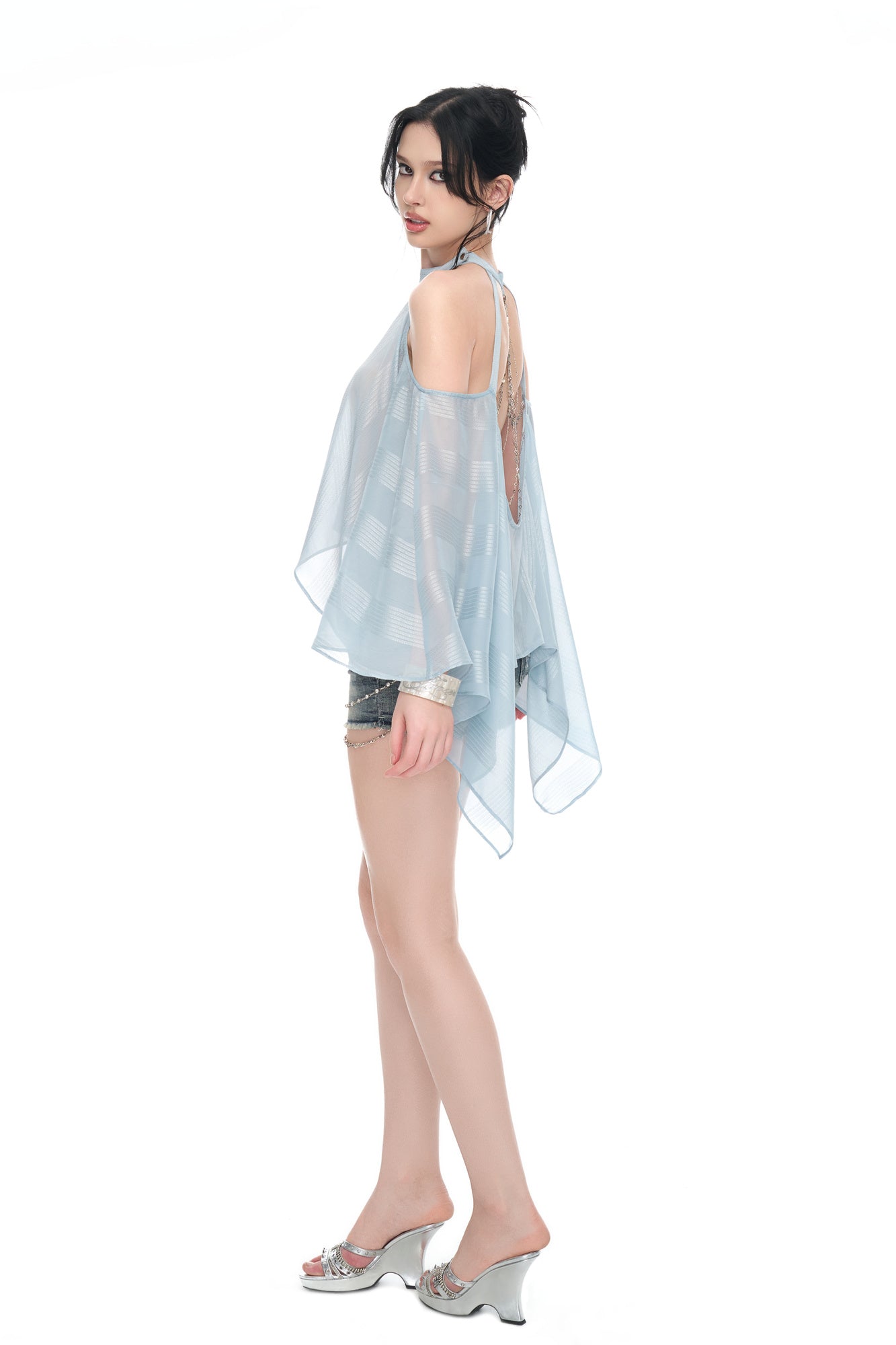 JYOSEI Shimmer Sheer Chiffon Off-Shoulder Irregular Hem Top