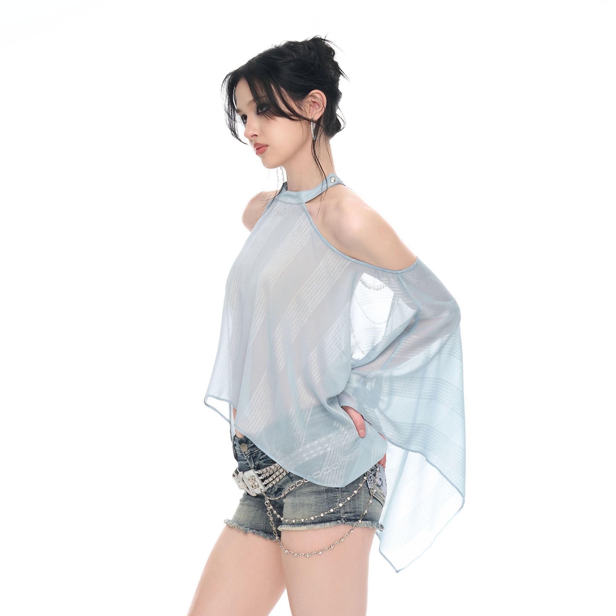 JYOSEI Shimmer Sheer Chiffon Off-Shoulder Irregular Hem Top