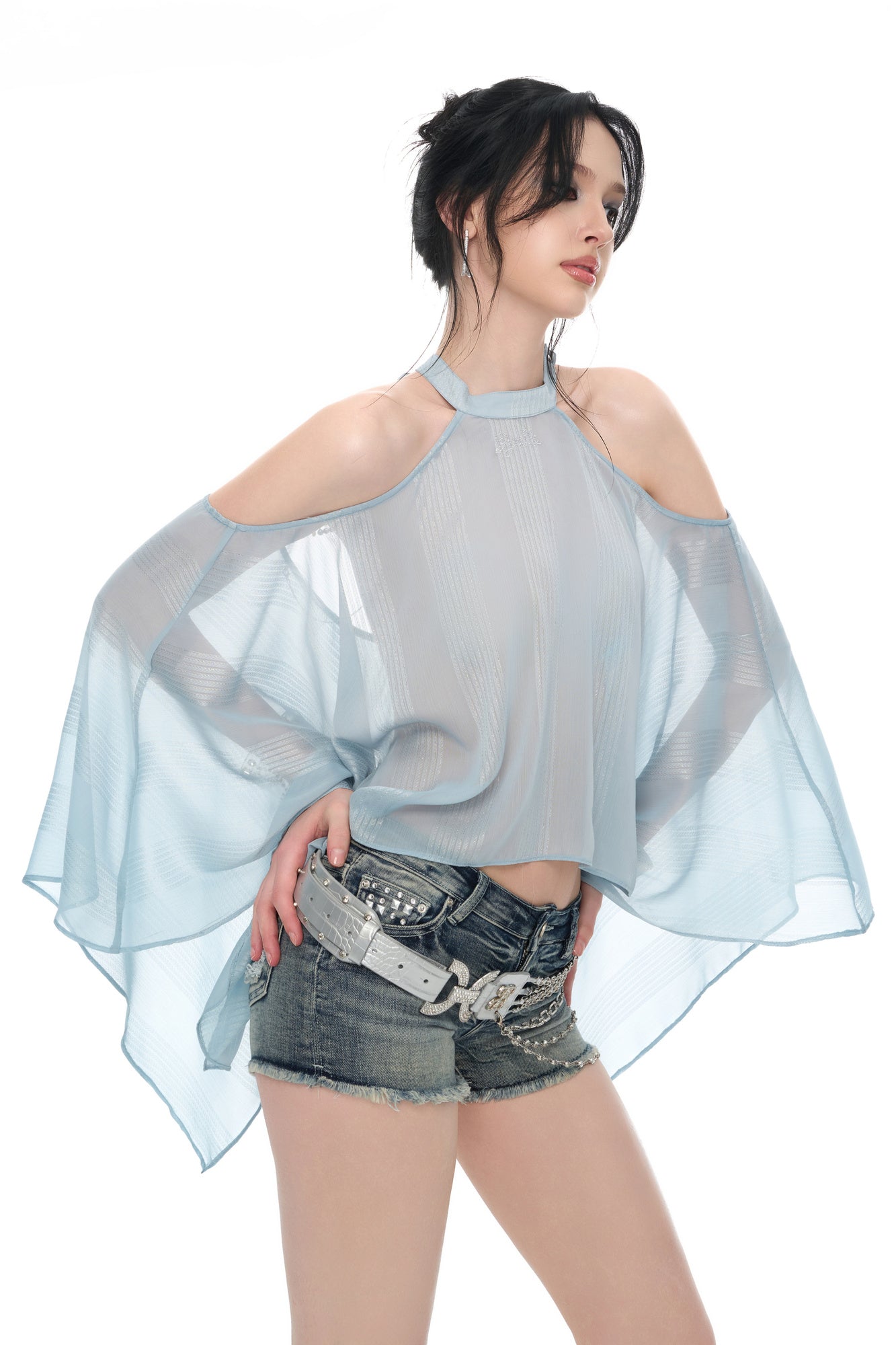 JYOSEI Shimmer Sheer Chiffon Off-Shoulder Irregular Hem Top