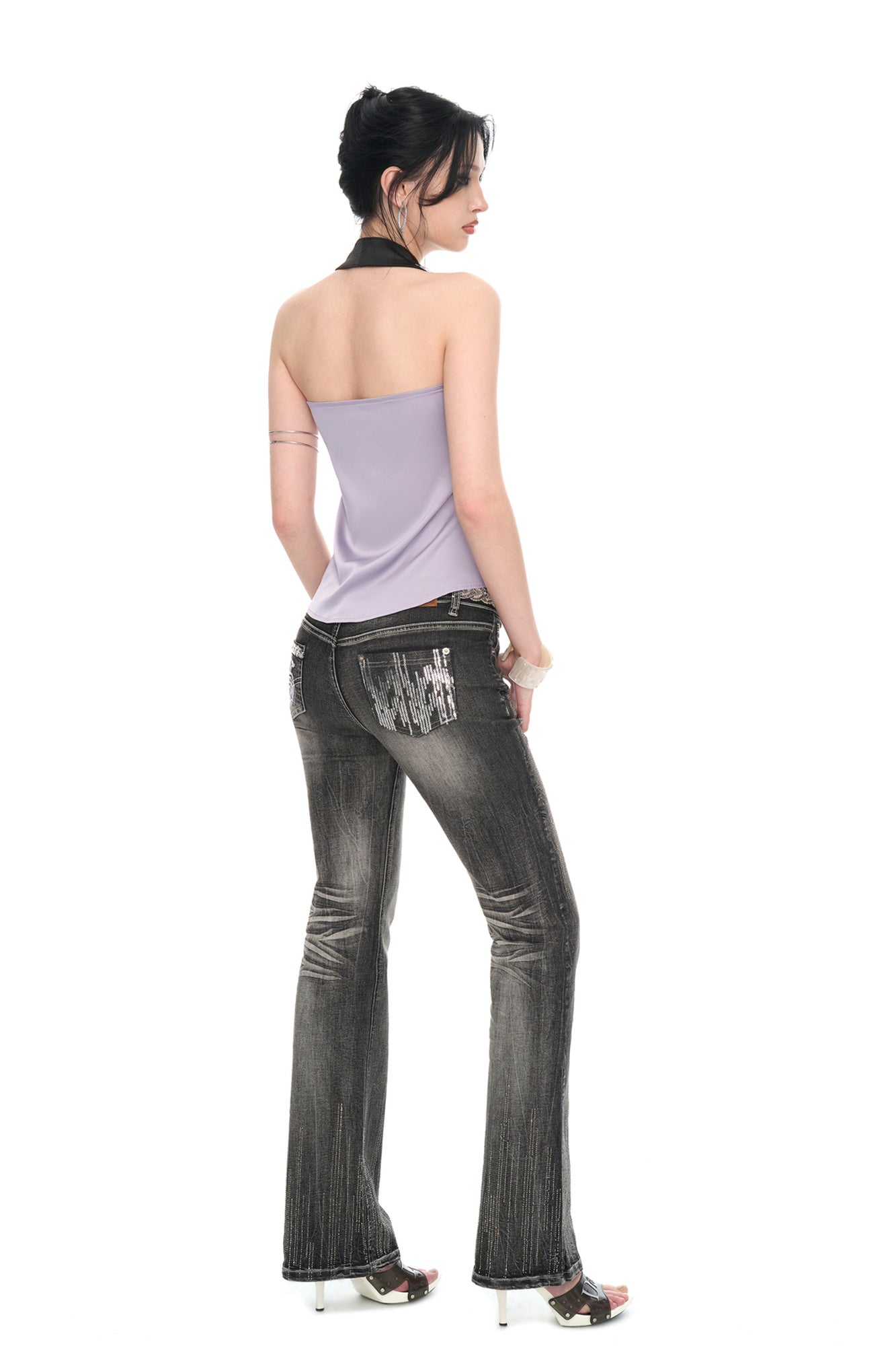 JYOSEI Satin Sequined Open-Back Halter Top