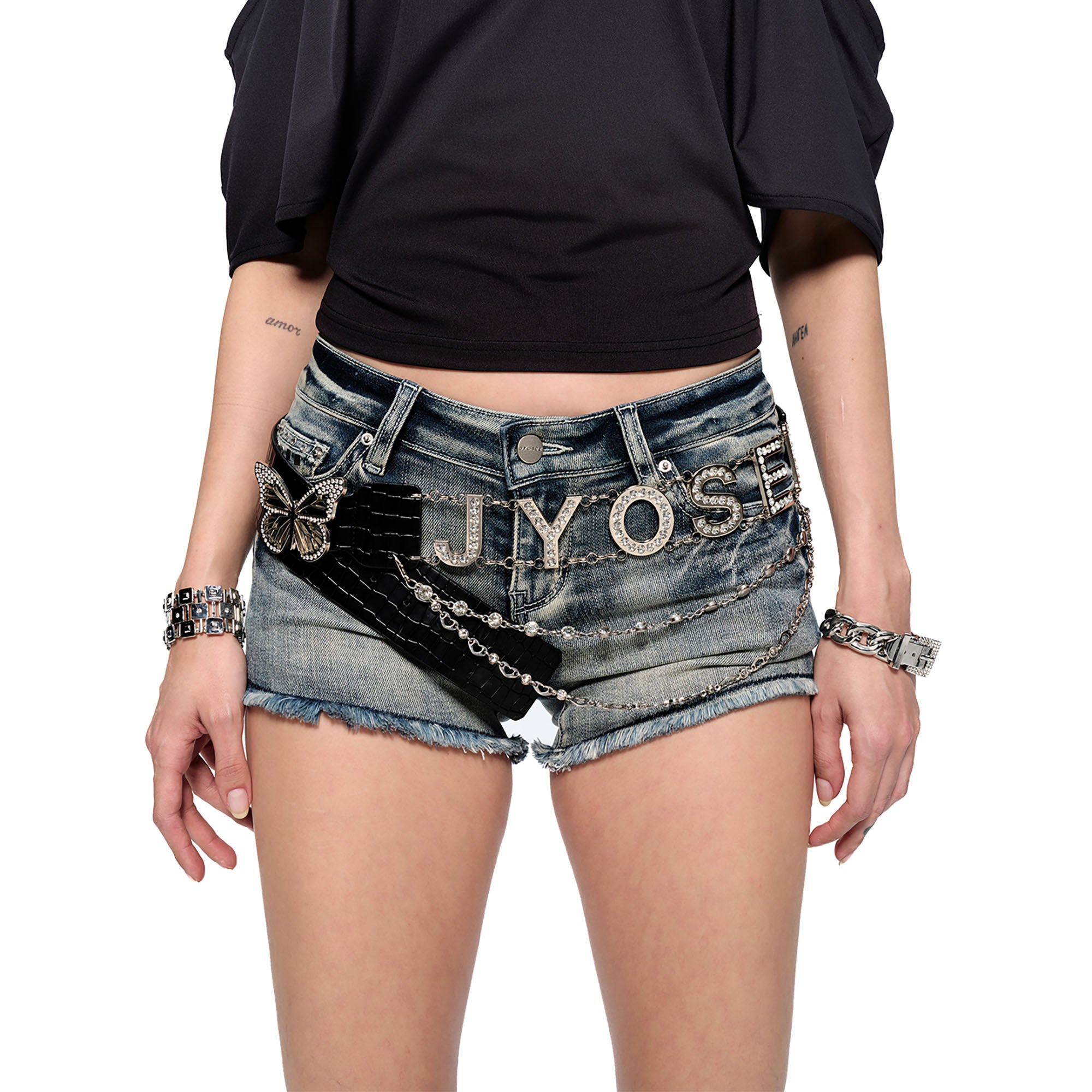 JYOSEI Washed Frayed Rivet Embroidered Denim Shorts