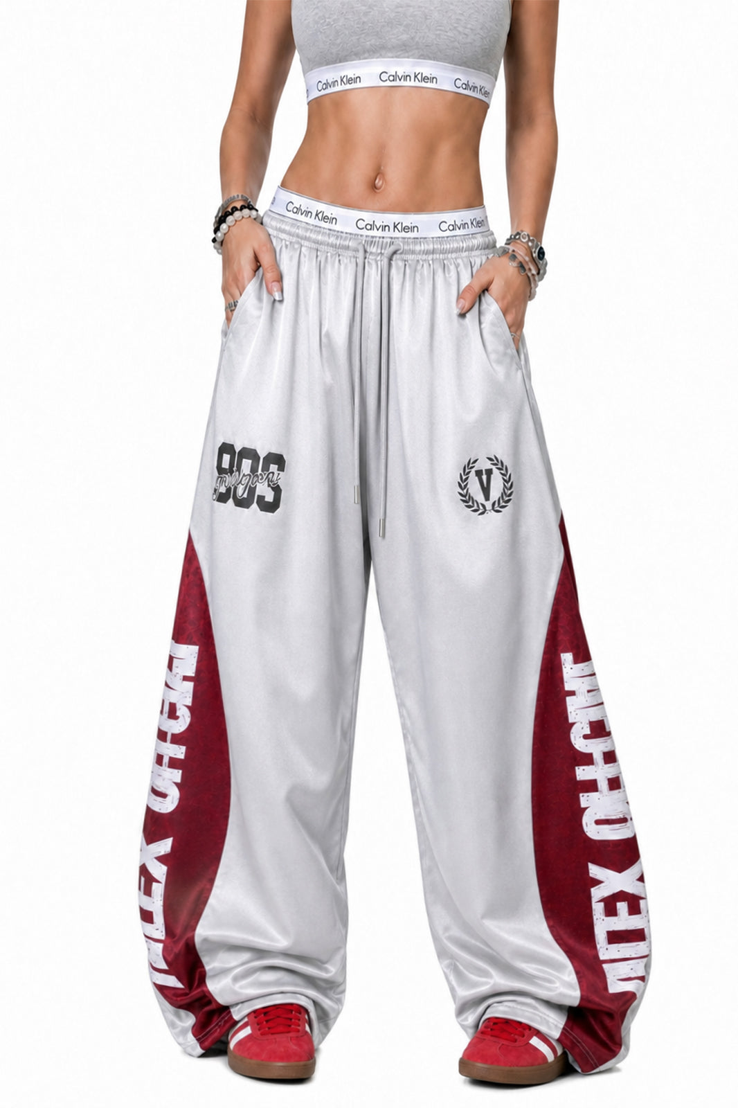 FREE CENTER Spliced Glossy Wide-Leg Sweatpants