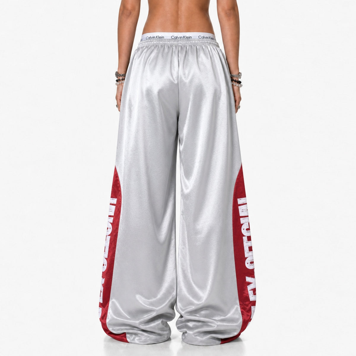 FREE CENTER Spliced Glossy Wide-Leg Sweatpants