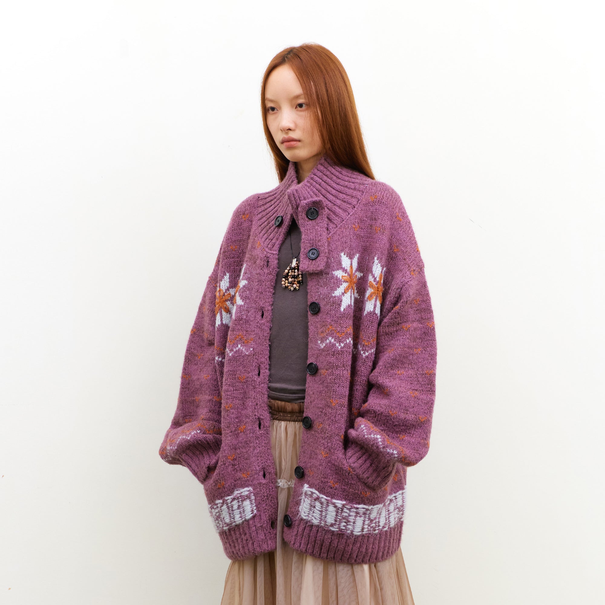NEVERSEEZ Floral Jacquard Merino Wool-Blend Cardigan