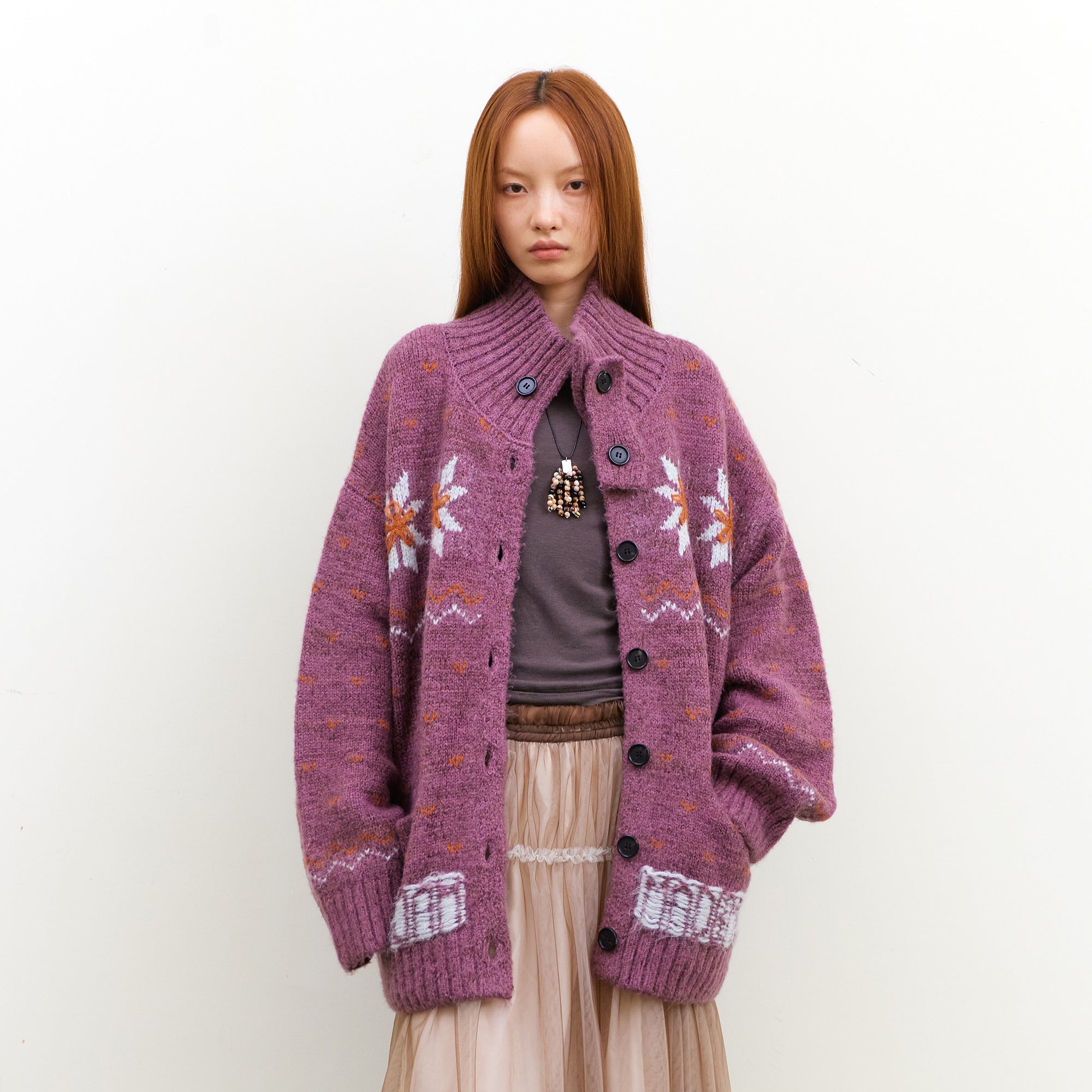NEVERSEEZ Floral Jacquard Merino Wool-Blend Cardigan
