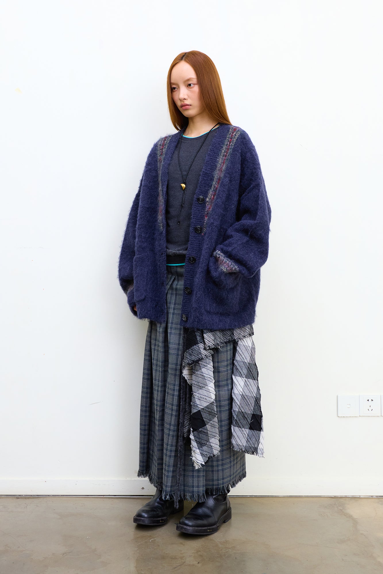 NEVERSEEZ Detachable Waist Scarf Pleated Plaid Maxi Skirt