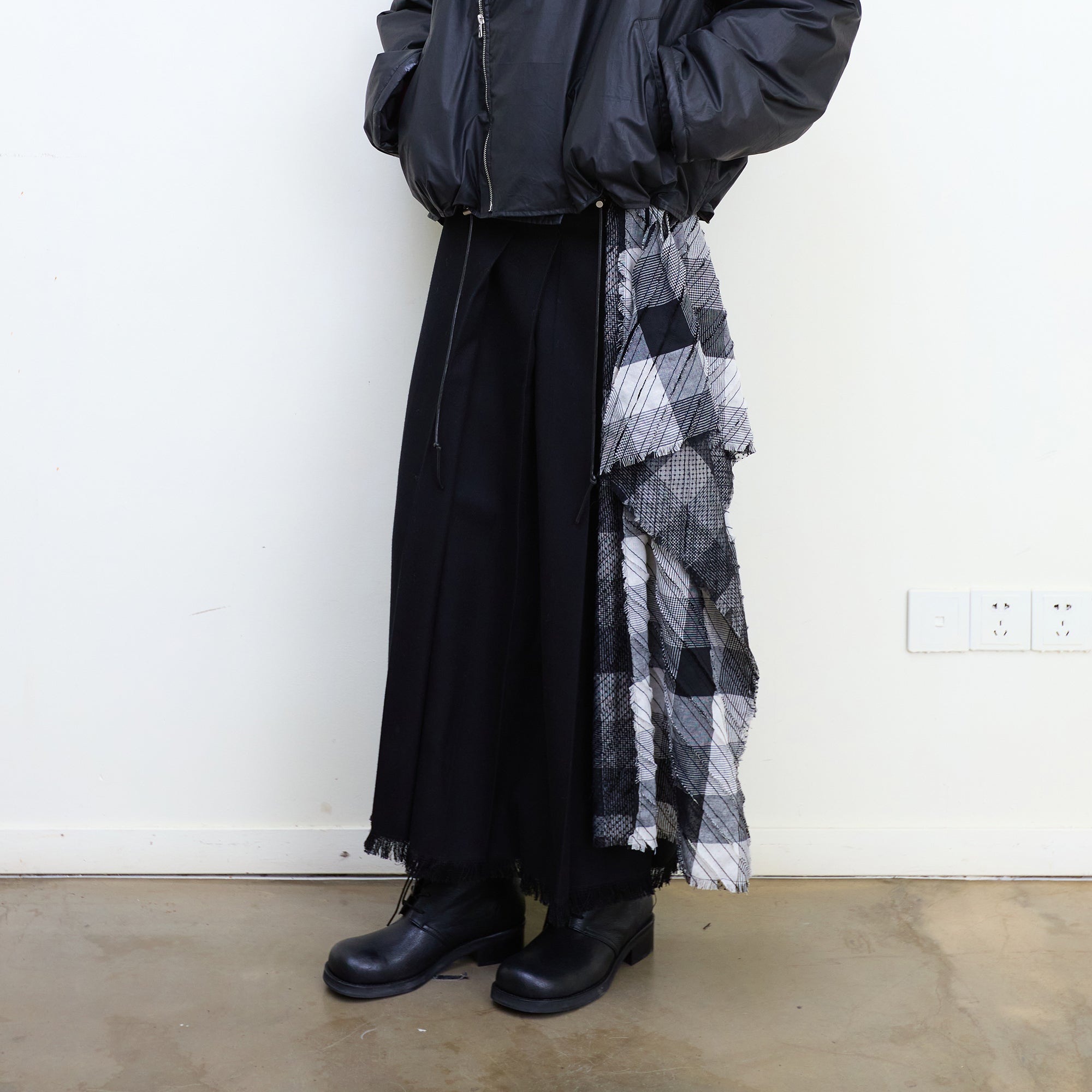 NEVERSEEZ Detachable Plaid Sash Spliced Pleated Maxi Skirt
