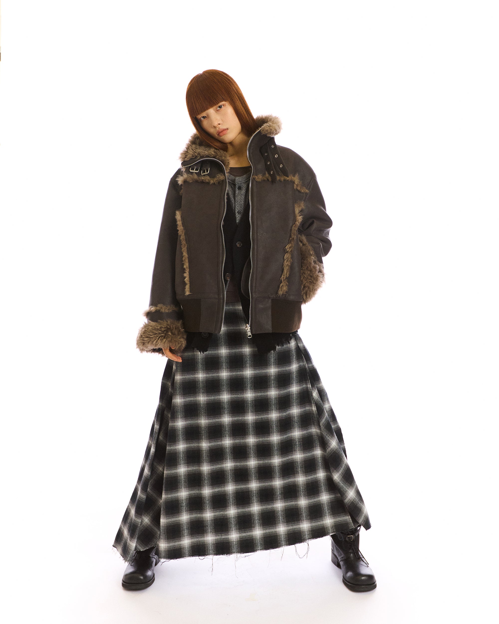 NEVERSEEZ Asymmetric Plaid Raw-Edge Maxi Skirt