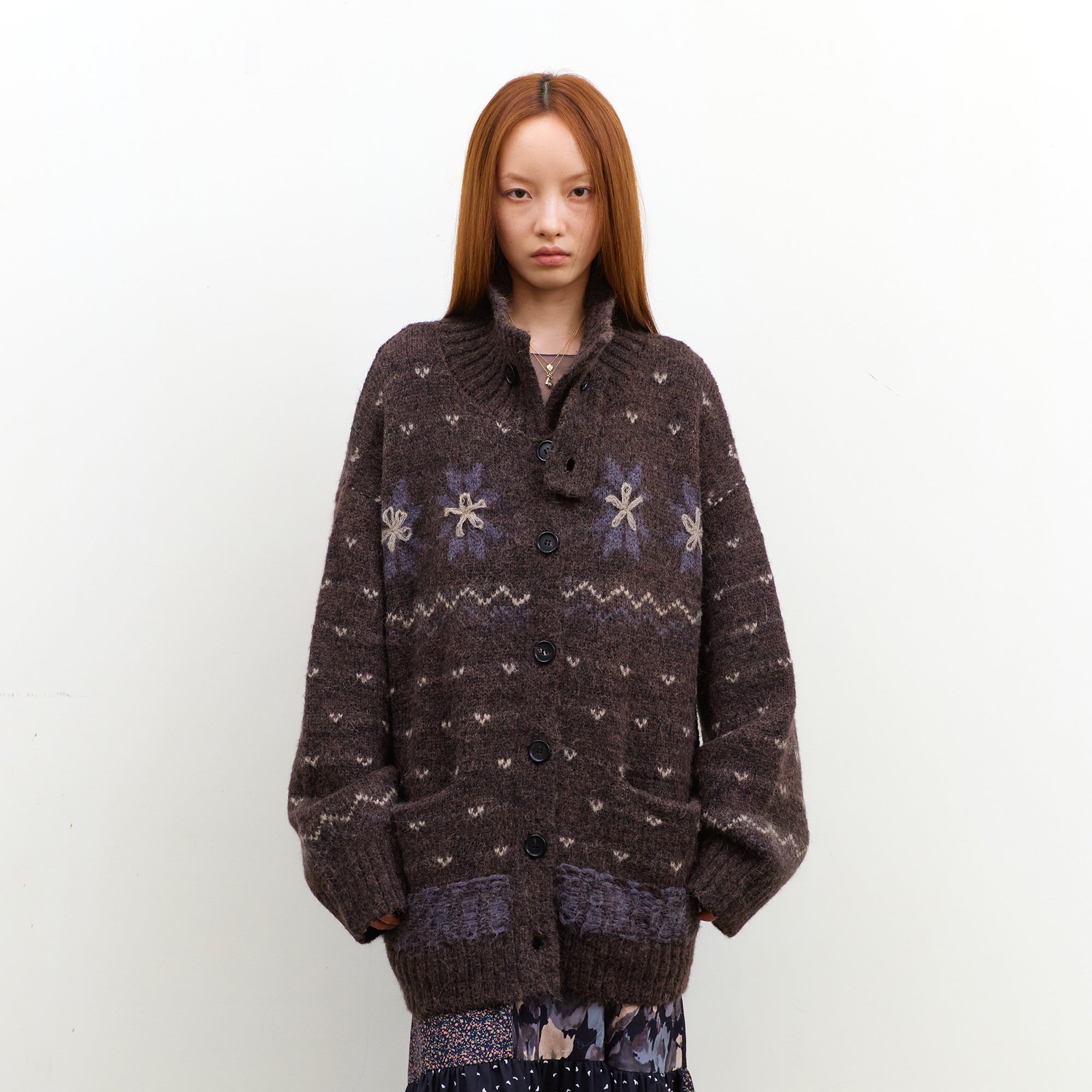 NEVERSEEZ Floral Jacquard Merino Wool-Blend Cardigan
